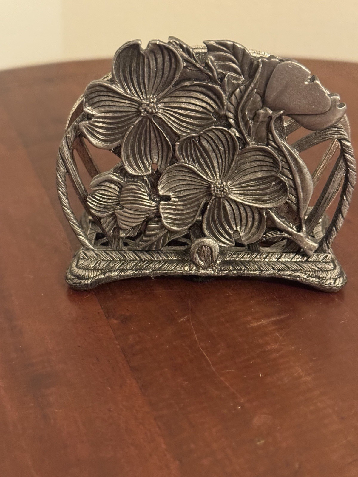 Vintage Pewter Metzke Napkin Holder Floral Design 