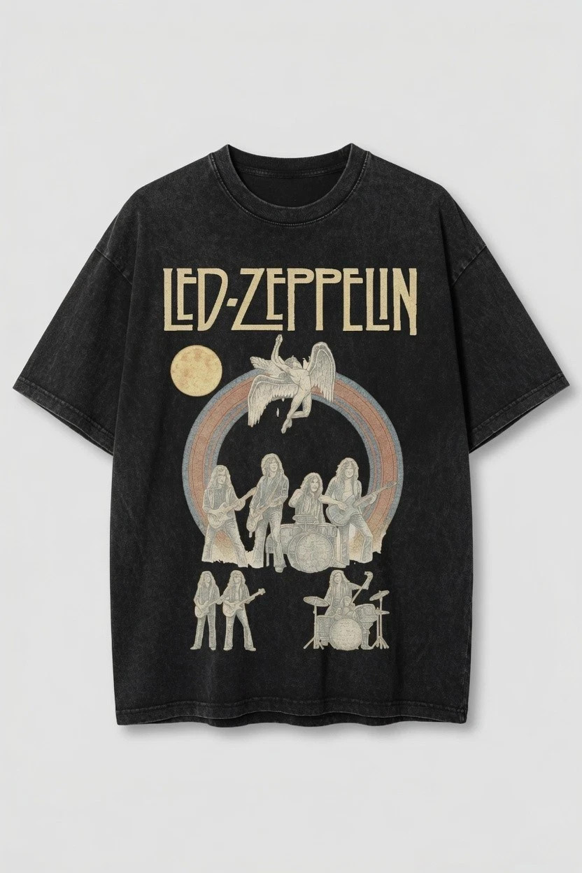 Led Zeppelin Vintage Black Washed T-Shirt Classic Rock Band Graphic Tee
