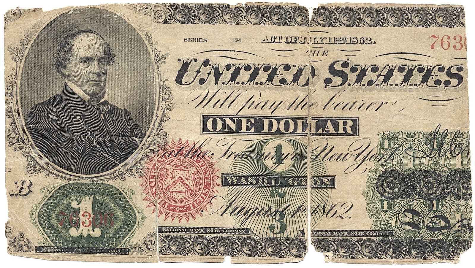 UNITED STATES banknote $1 1862 missing pieces and tape repairs VG Very Good