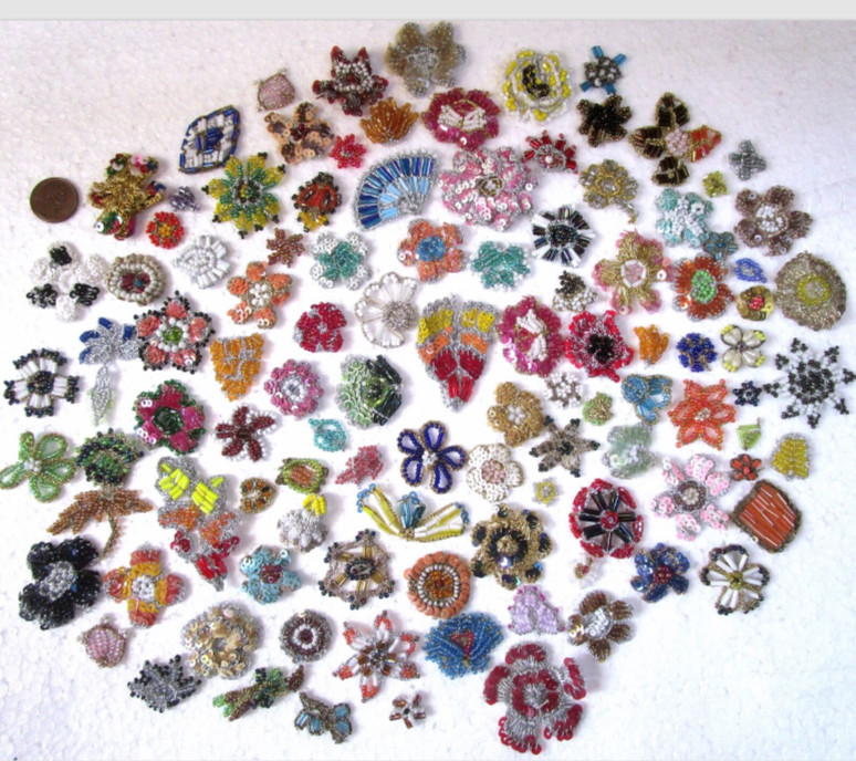 VERY RARE LOT Antique Vintage Sari APPLIQUES 10 PC HANDMADE GLASS BEADS