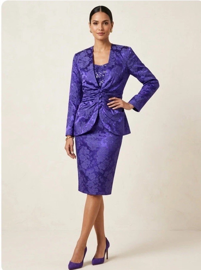 Scott McClintock VTG 80s Damask Brocade Purple Beaded Jacket Skirt Suit Sz 6 NWT
