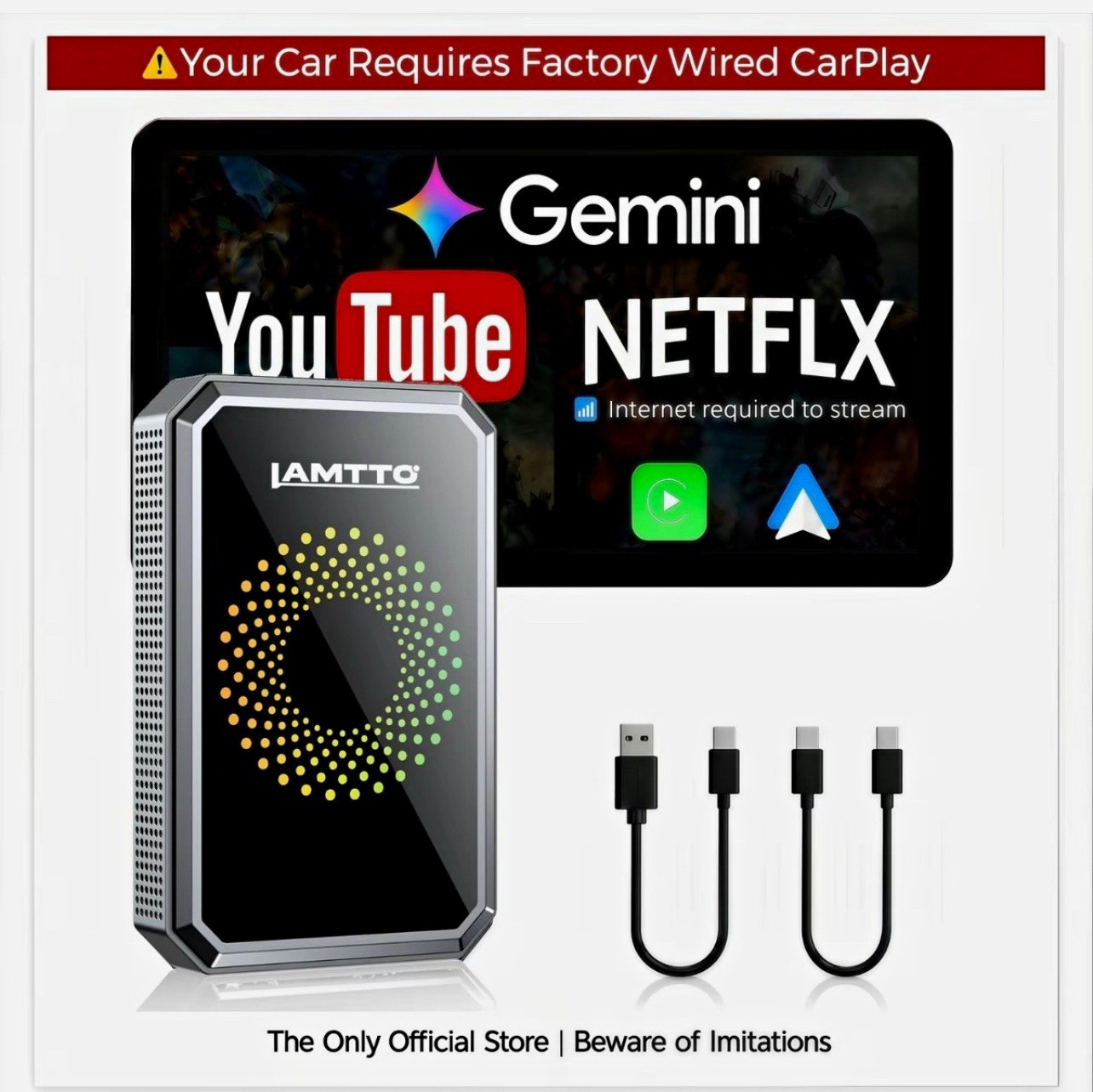Wired CarPlay to Wireless Adapter -Stream Netflix/YouTube/TikTok & Gemini AI on