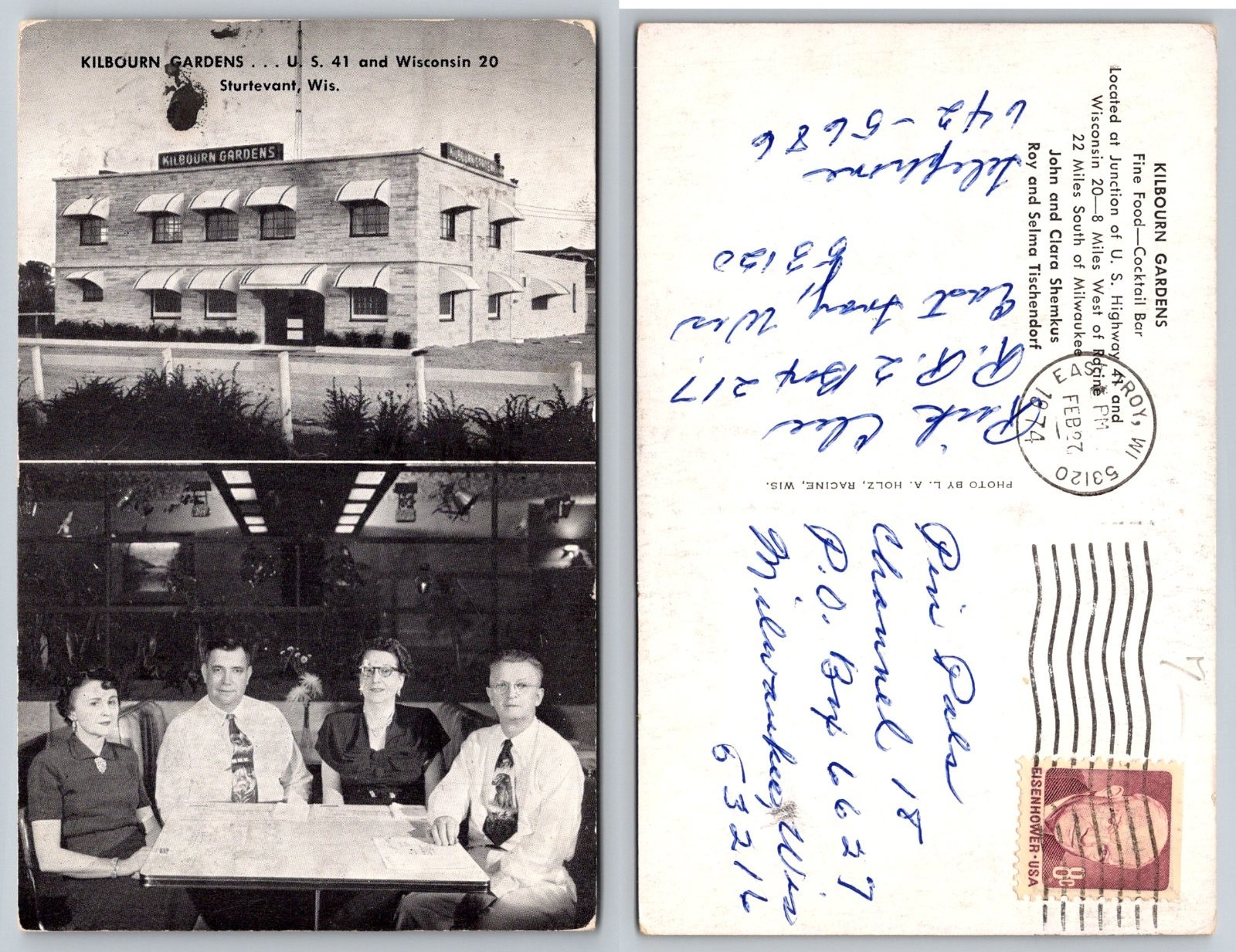 Standard Kilbourn Gardens Sturtevant Wisconsin Fine Food Cocktail Bar Postcard