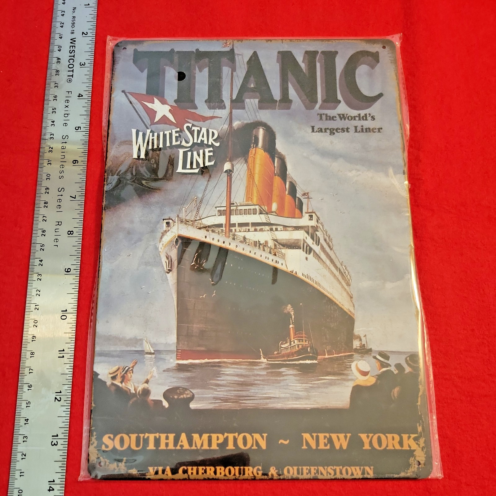 Titanic White Star Line Southampton NewYork Sign Metal Tin Vintage Decor. New