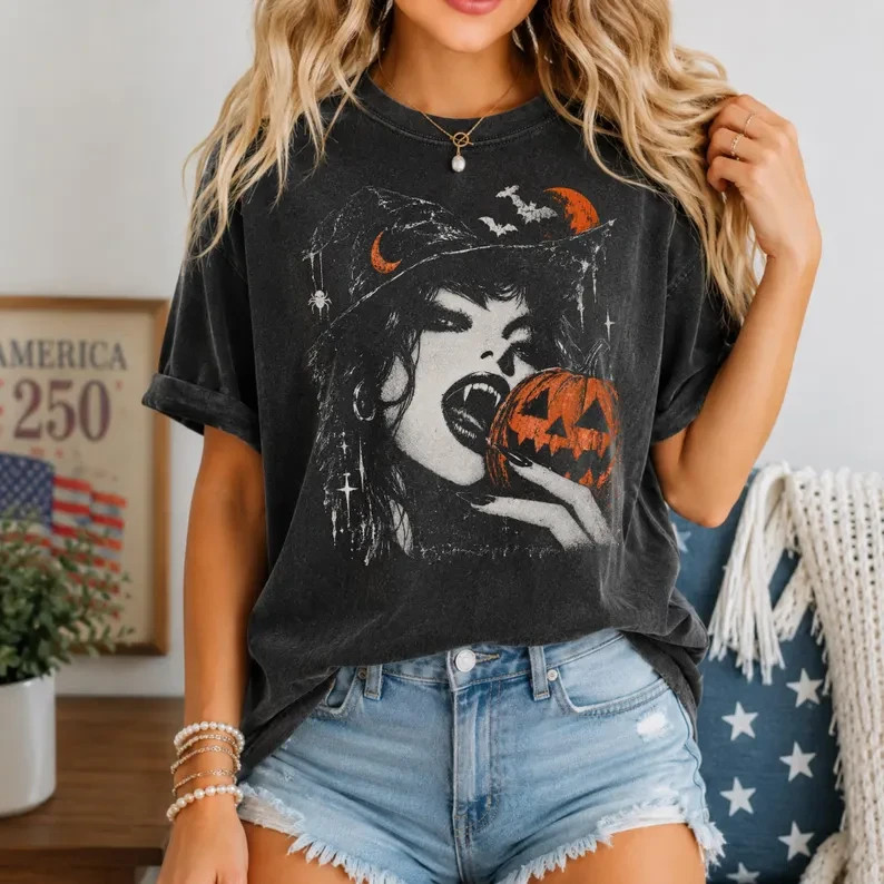 Vampire Witch Halloween Shirt, Vintage Gothic Spider Web Pumpkin Tee Vampire Witch Halloween Shirt, Vintage Gothic Spider Web Pumpkin Tee