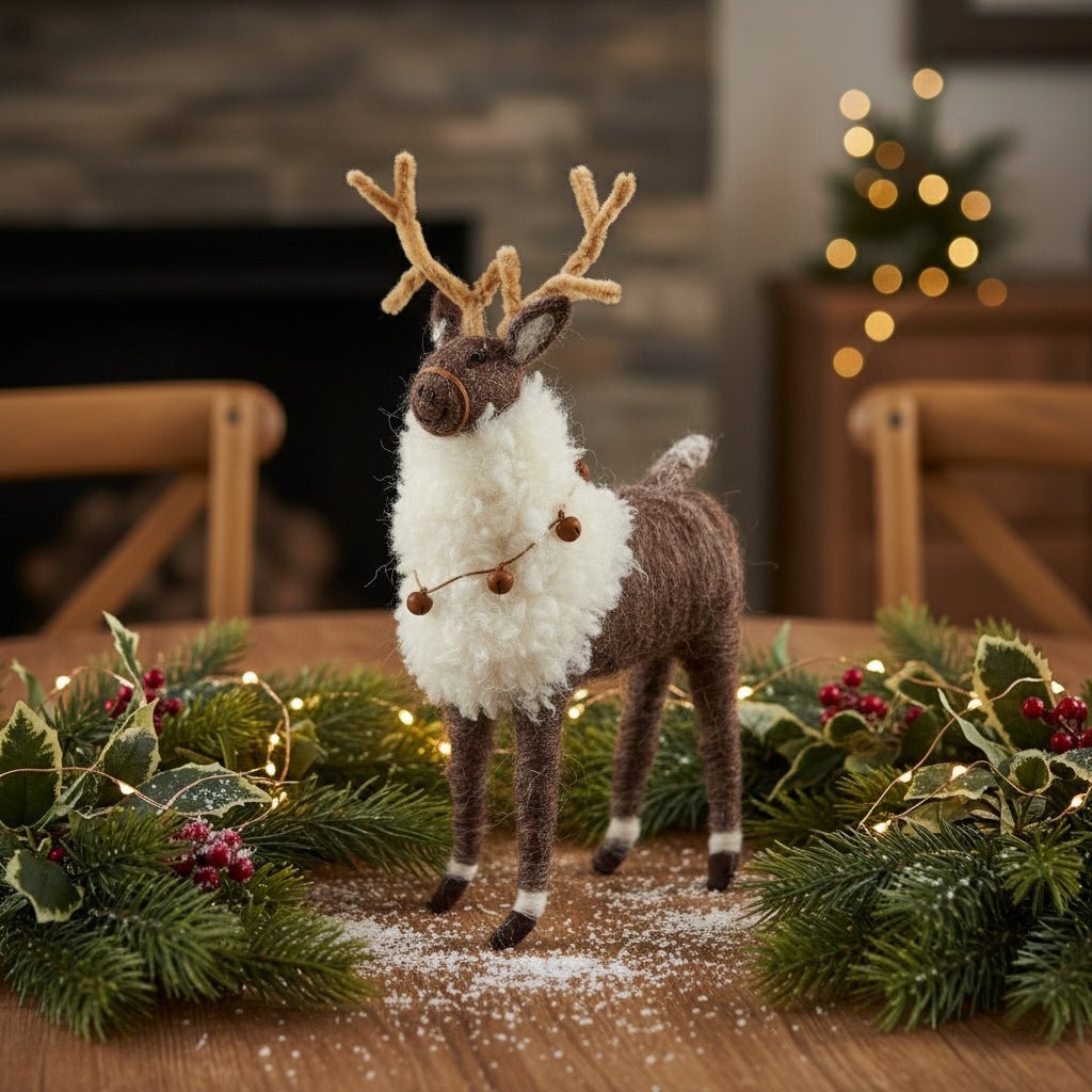 Primitive Farmhouse Christmas Wool Reindeer Shelf Sitter w/ Bells 12.25