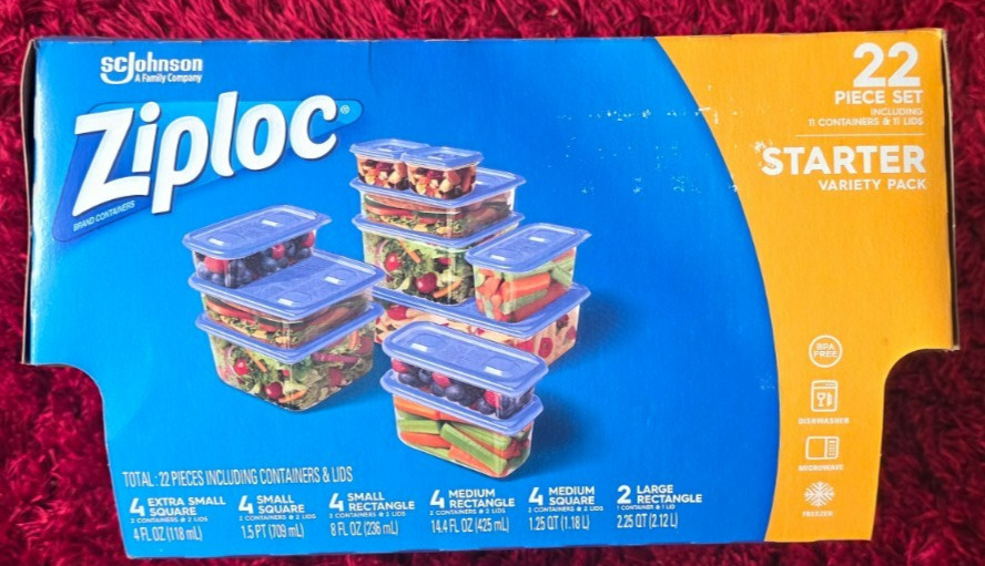1 New Ziploc 22 Piece Set 11 Containers and & 11 Lids, Starter Variety Pack.