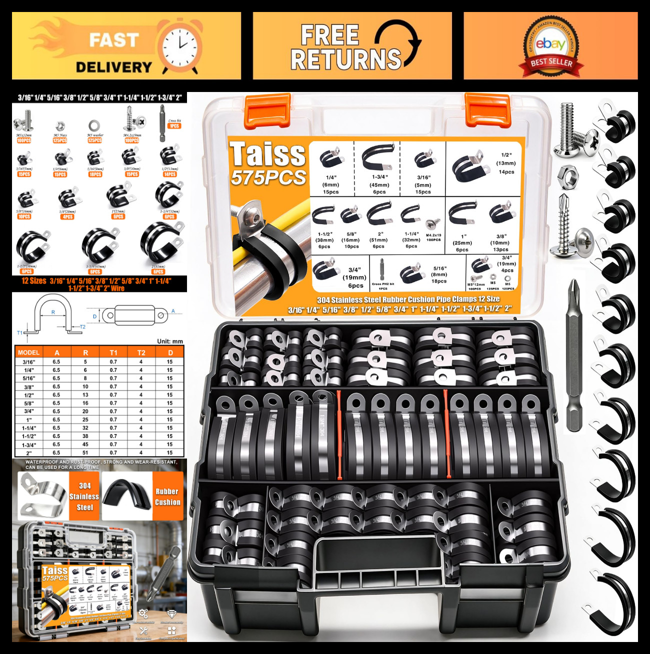 575Pcs Stainless Steel Cable Clamps Assortment Kit, 12 Sizes 3/16\ 575Pcs Stainless Steel Cable Clamps Assortment Kit, 12 Sizes 3/16\