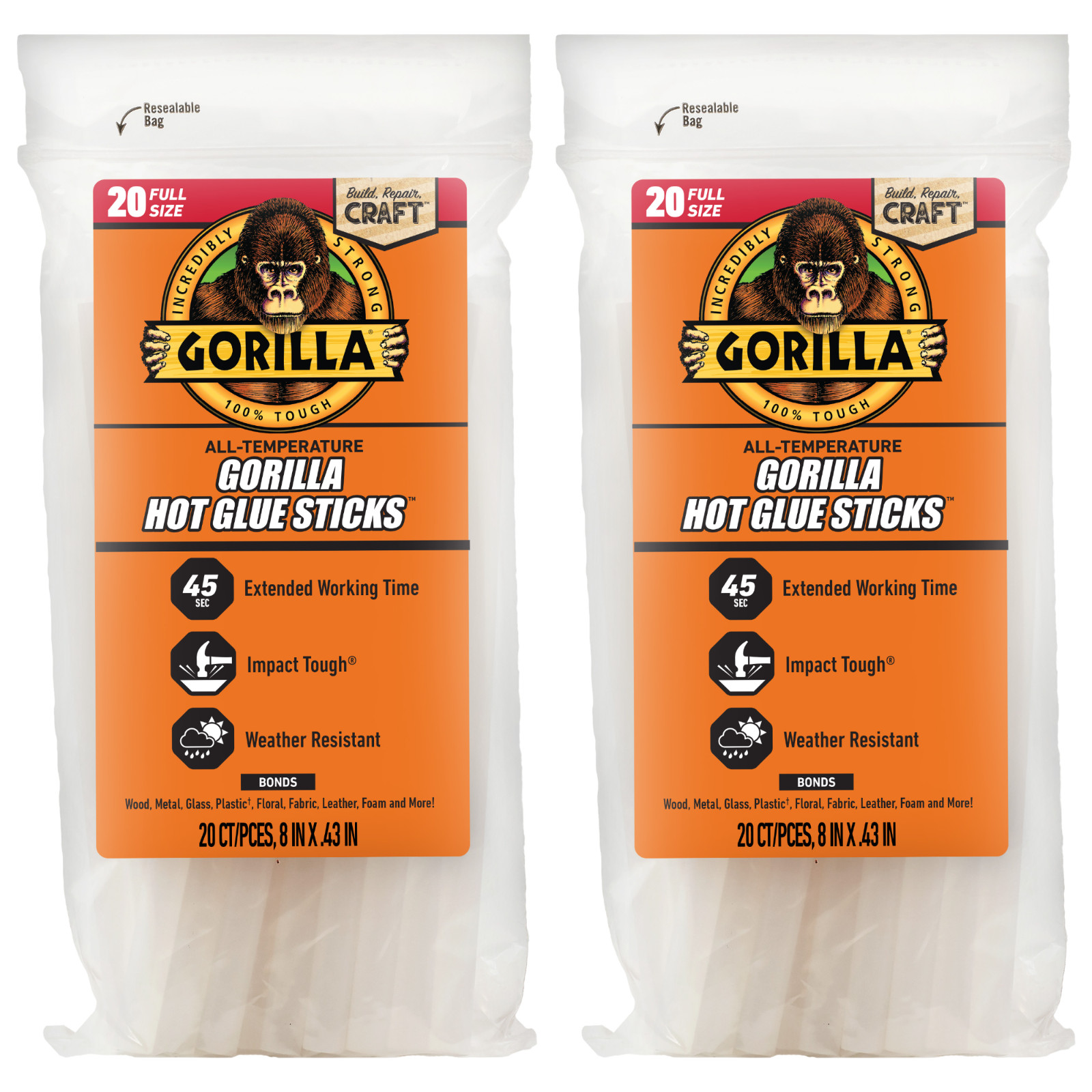 2 Pack Gorilla Glue Clear Hot Glue Sticks 8 x 0.43 in 20 Count Full Size 2 Pack Gorilla Glue Clear Hot Glue Sticks 8 x 0.43 in 20 Count Full Size