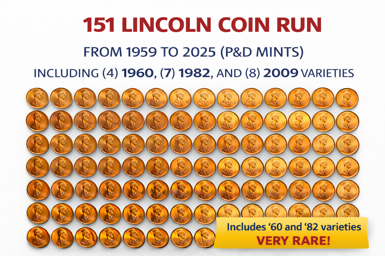 1959-2025 (P&D) 151 coins Lincoln cents BU + (7) 1982 and (4) 1960 varieties