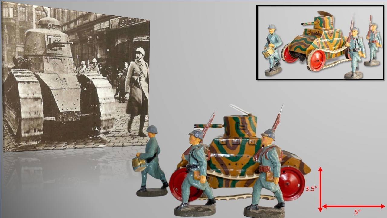 1930\'s Post-WWI French Tin Clockwork Tank W/Elastolin French Soldiers
