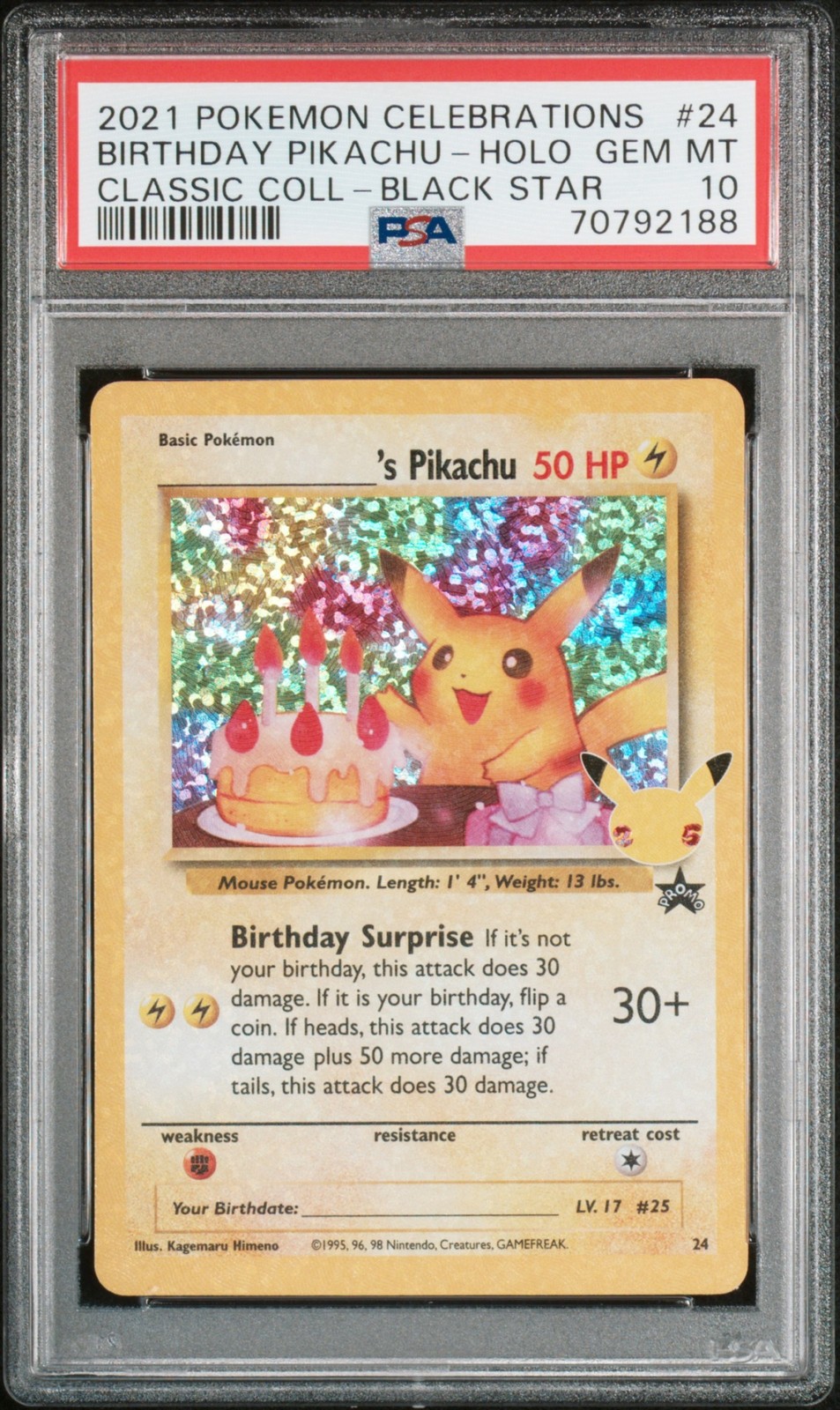 BIRTHDAY PIKACHU HOLO PSA 10 2021 POKEMON CELEBRATIONS #24 BLACK STAR CLASSIC 88