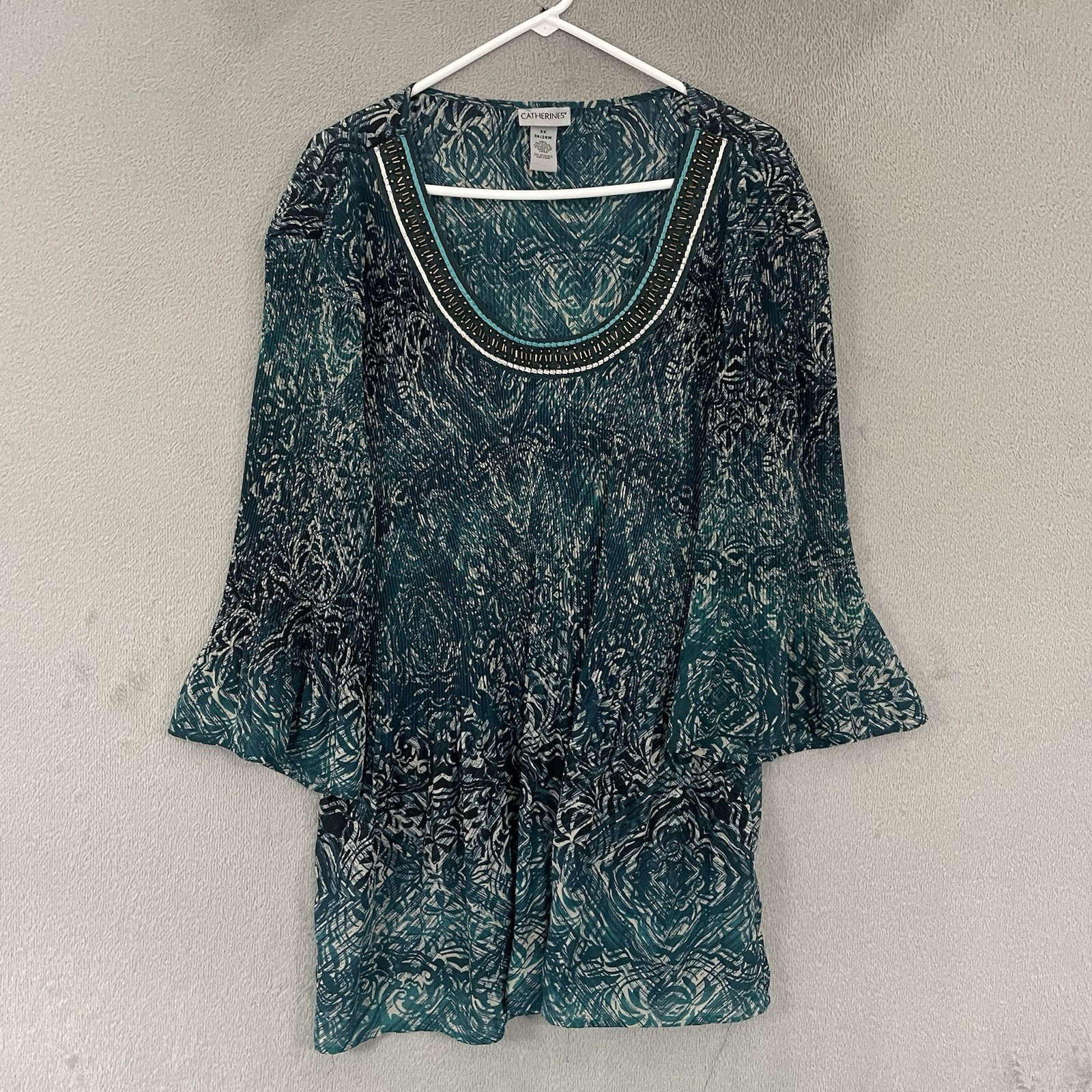 Catherines Maggie Barnes Blouse Womens 3X 26/28W Green Floral 3/4 Sleeve Beaded Catherines Maggie Barnes Blouse Womens 3X 26/28W Green Floral 3/4 Sleeve Beaded