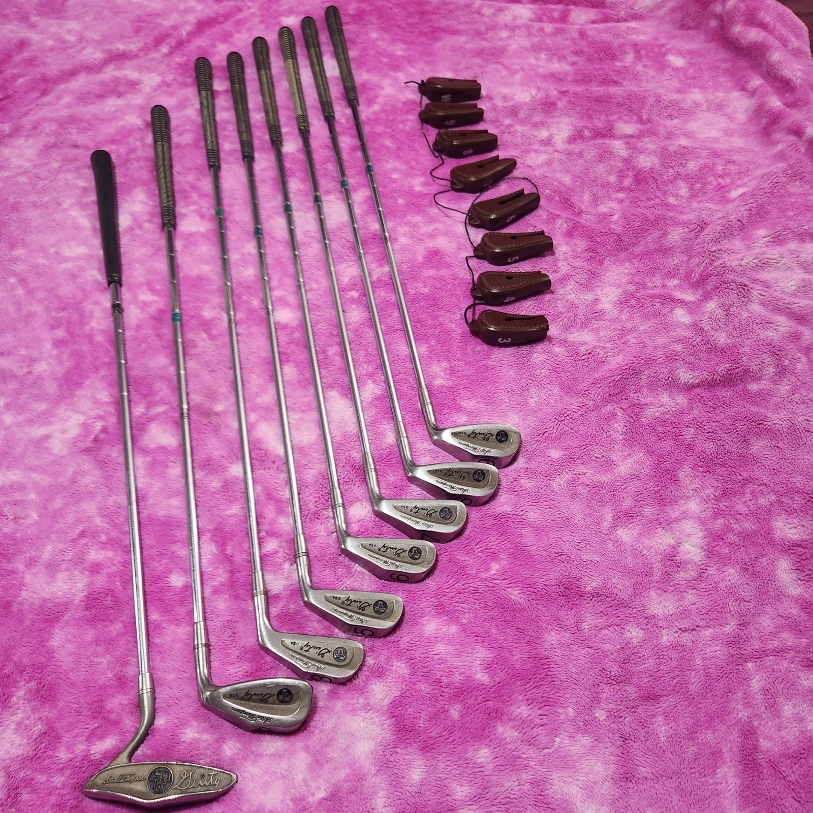 Vintage Golf Stan Thompson Ginty Irons 3 5 6 7 8 9 PW Putter RH Rubber Covers