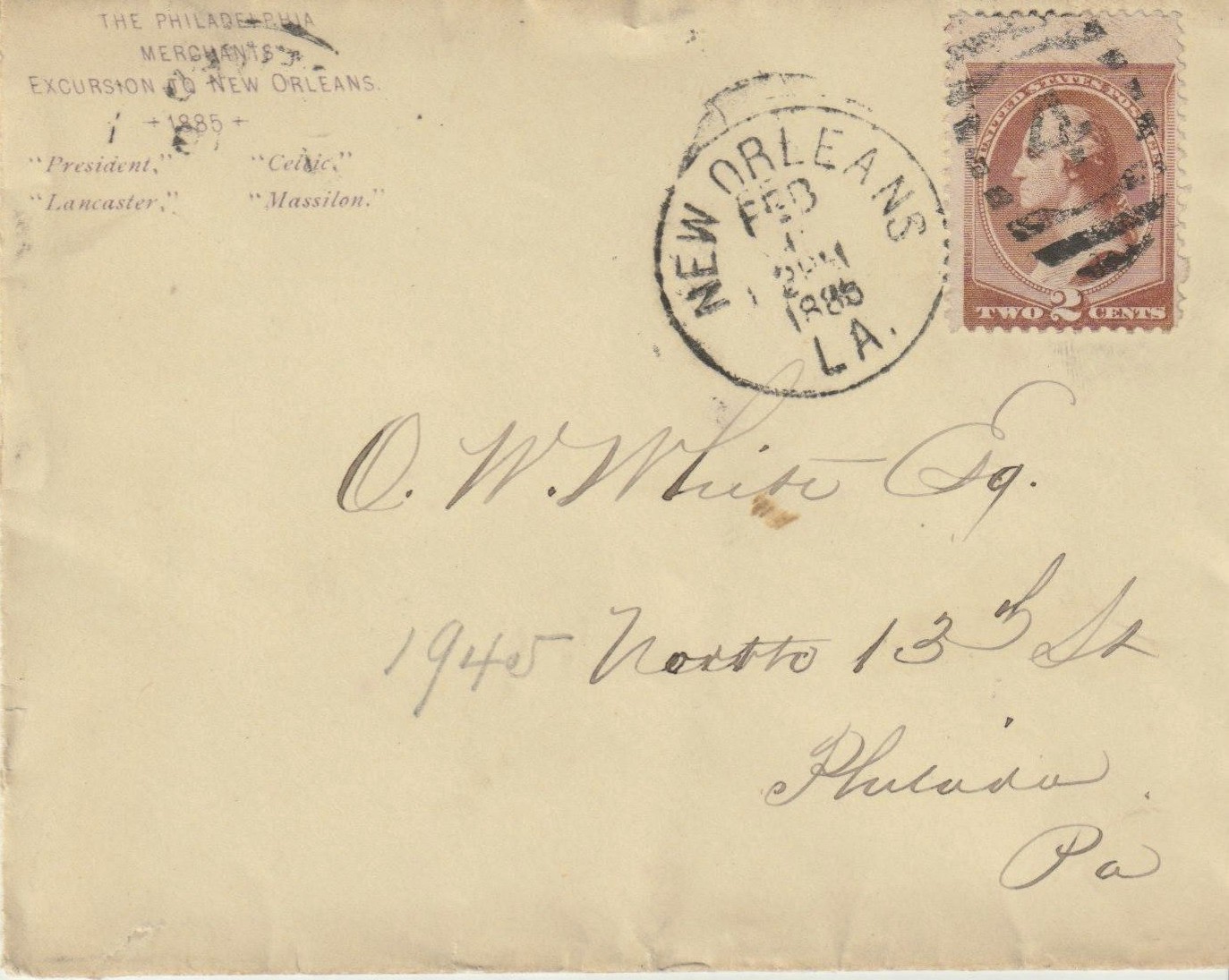 1885 New Orleans Cotton Expo Cover Phila Merchants Excursion Steamships #210 1885 New Orleans Cotton Expo Cover Phila Merchants Excursion Steamships #210