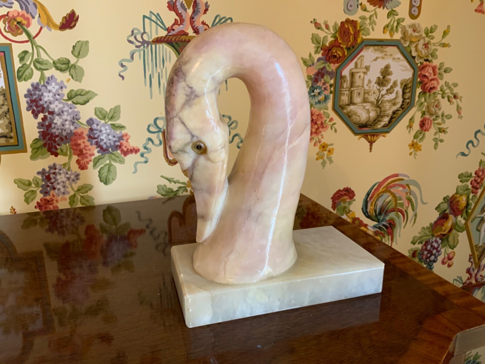 Lovely Antique Onyx Swan Statue Glass Eyes Belgium 
