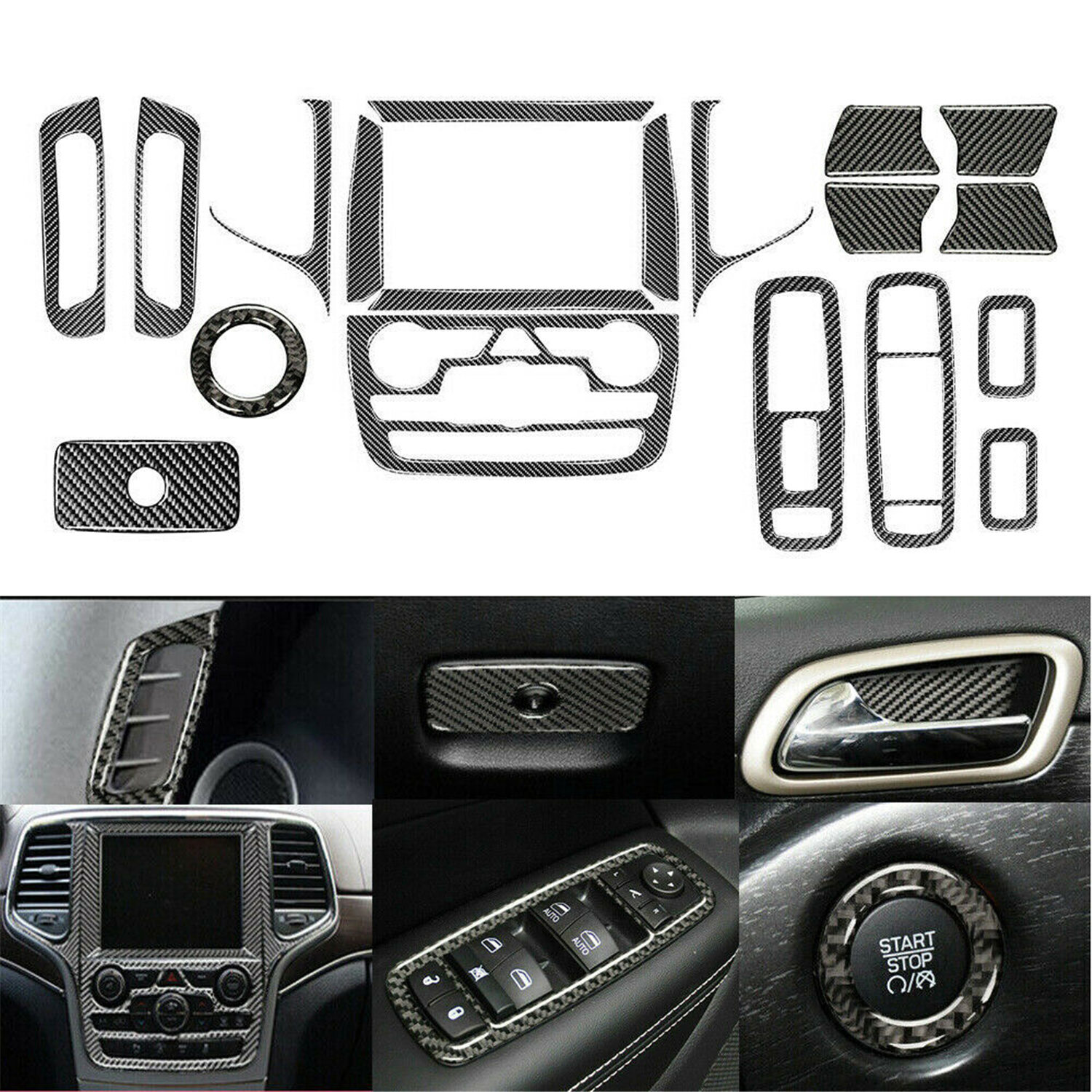 19PC Carbon Fiber Full Interior Kit Set Cover For Jeep Grand Cherokee 2011-2020