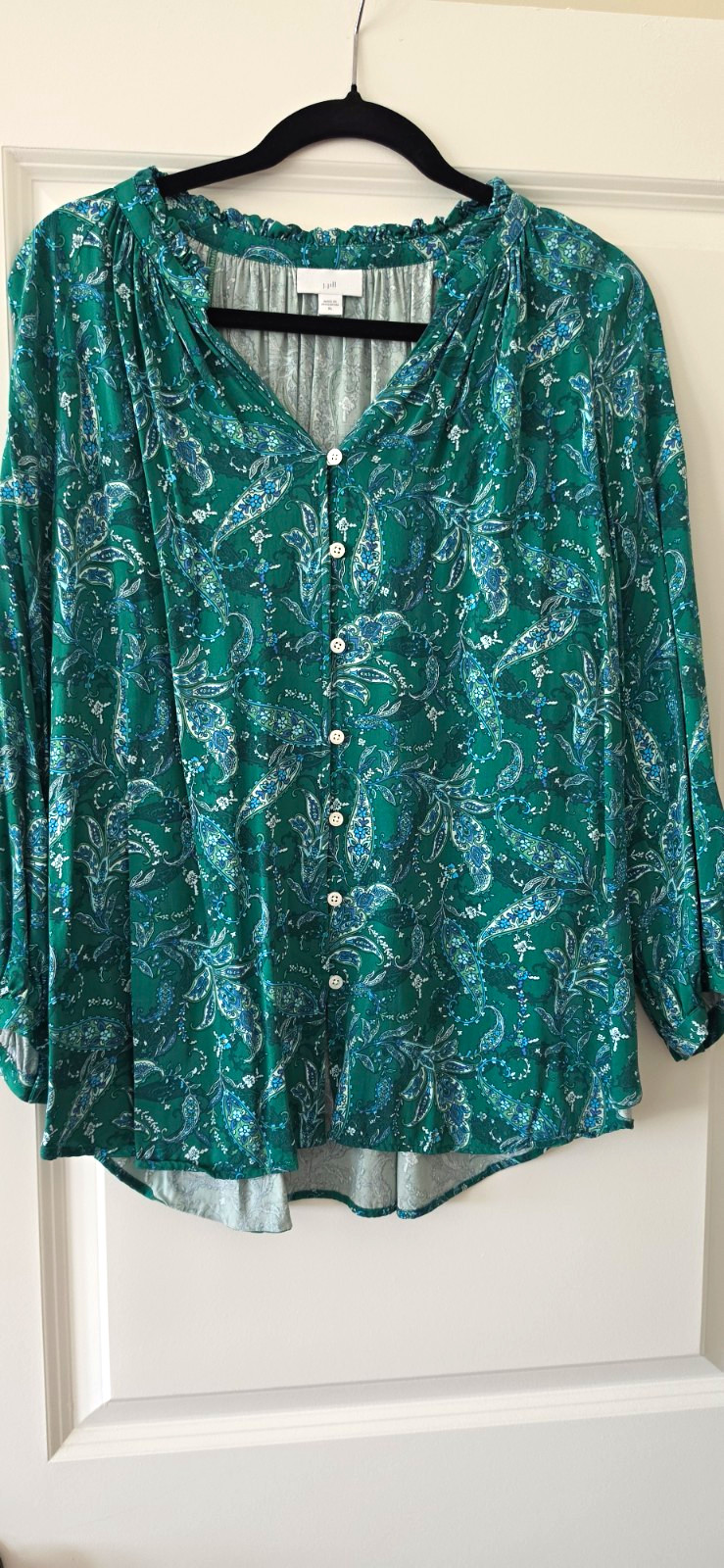 J. Jill Women’s Green Paisley V-Neck Button Front 3/4 Sleeve Blouse XL
