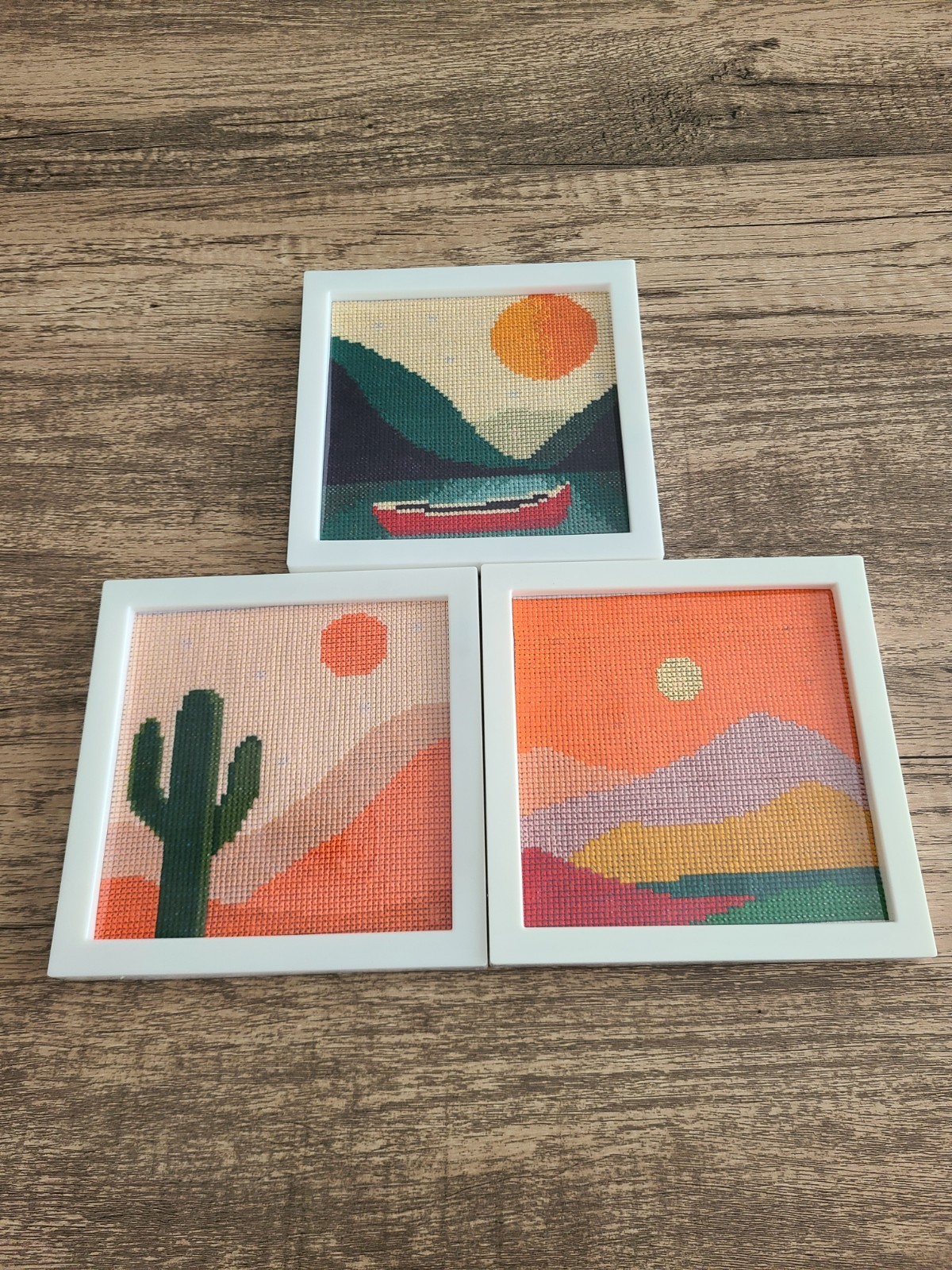 Handmade Set of 3 Framed Finished Cross Stitch Landscapes Desert, Sea, Mountain Handmade Set of 3 Framed Finished Cross Stitch Landscapes Desert, Sea, Mountain