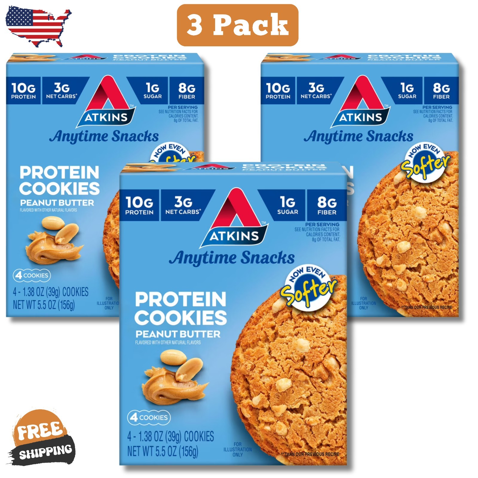 Atkins Soft and Chewy Peanut Butter High Protein Cookie, Keto Friendly - 3 Pack Atkins Soft and Chewy Peanut Butter High Protein Cookie, Keto Friendly - 3 Pack