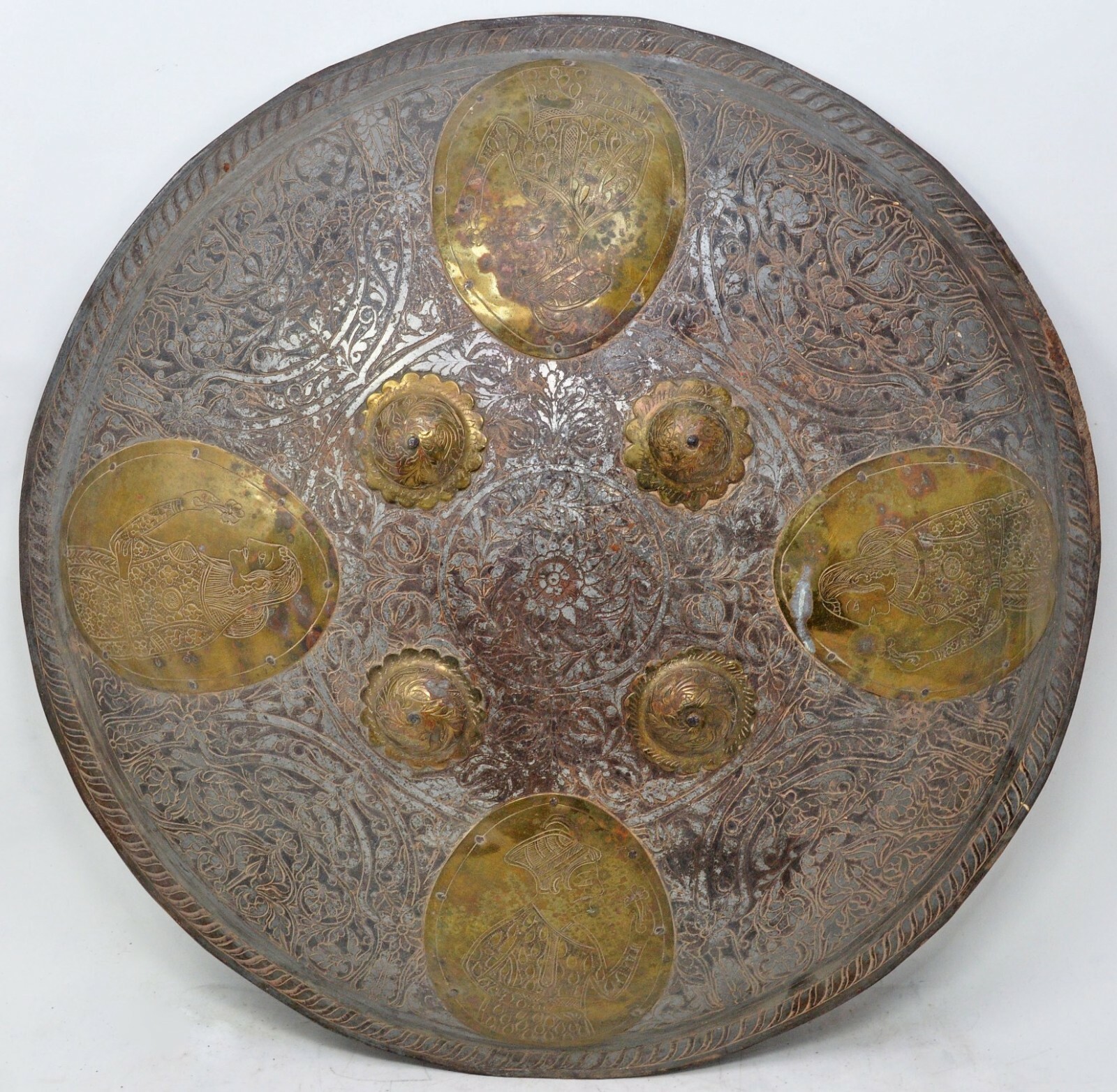 Antique Iron Gurading Shield Original Old Hand Crafted Fine Figurative Engraved 