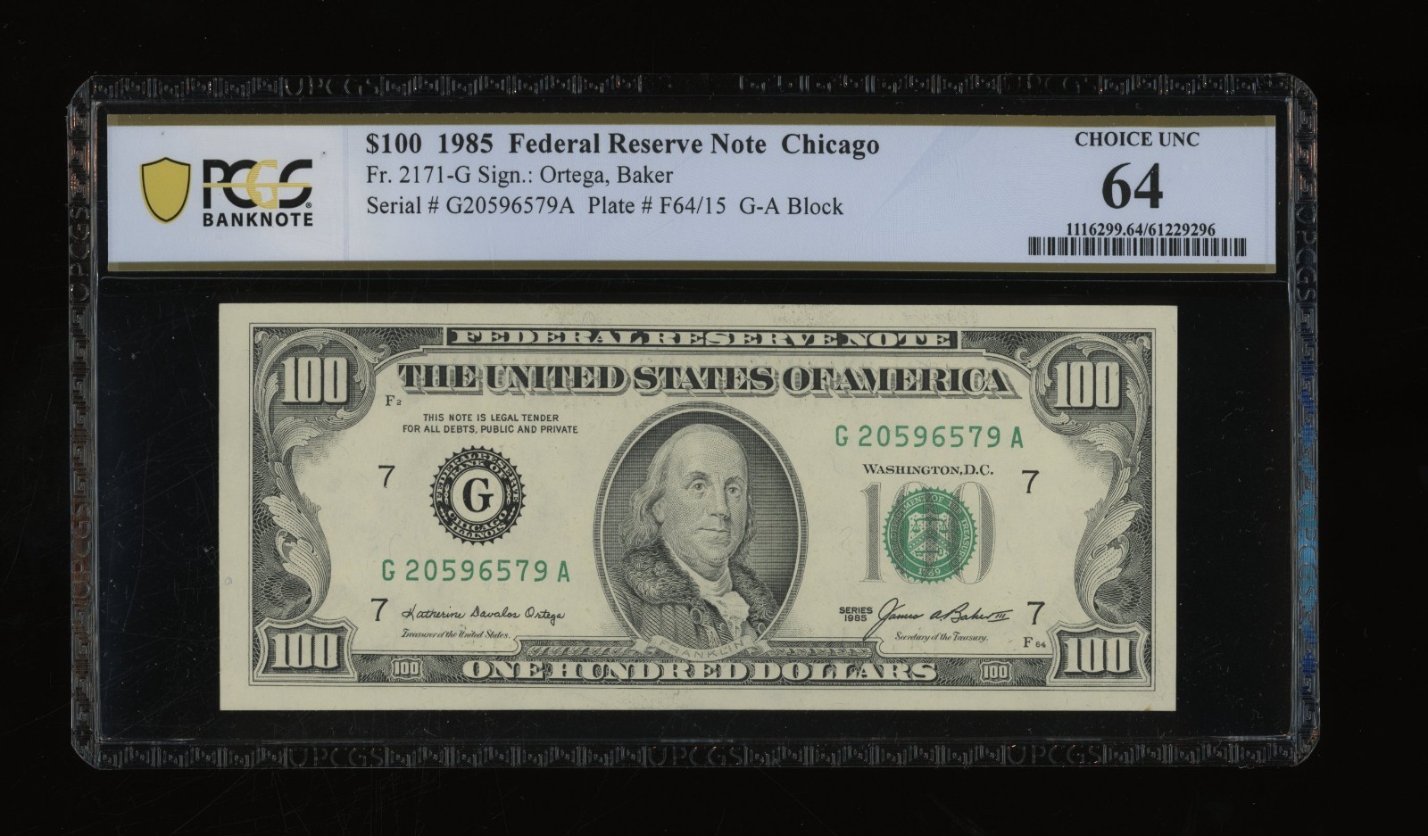 DBR 1985 $100 FRN Chicago Fr. 2171-G PCGS-B 64 Serial G20596579A