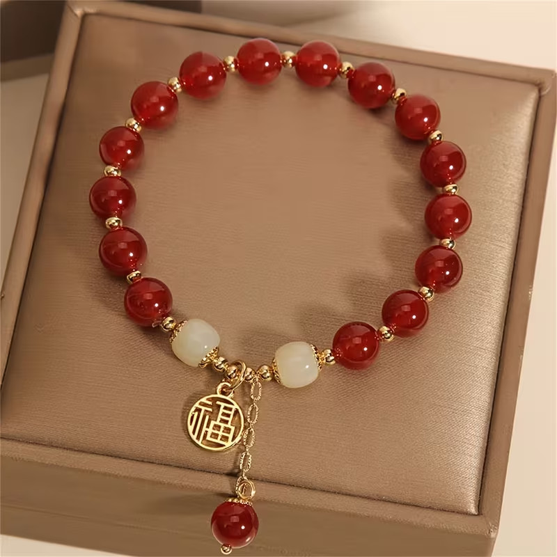 2PCS Cinnabar Four Leaf Clover Beaded Bracelet Lucky Jewelry Gift for Women