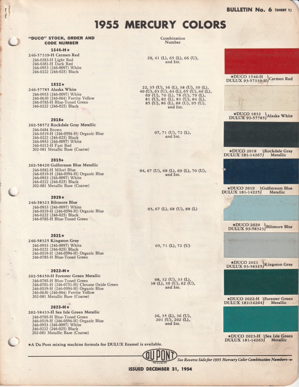 1955 AND 1956 MERCURY MONTCLAIR MONTEREY CUSTOM PAINT CHIPS (DUPONT)