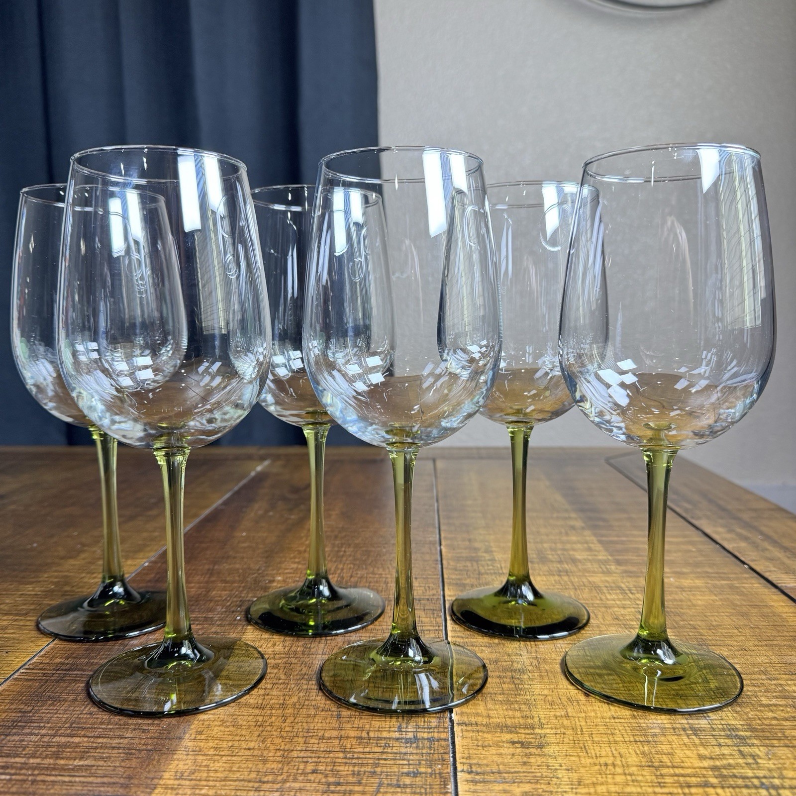 Set Of 6 Pier 1 9.25”Olive Green Stem Wine Glasses (4 Sets Available) Dead Stock