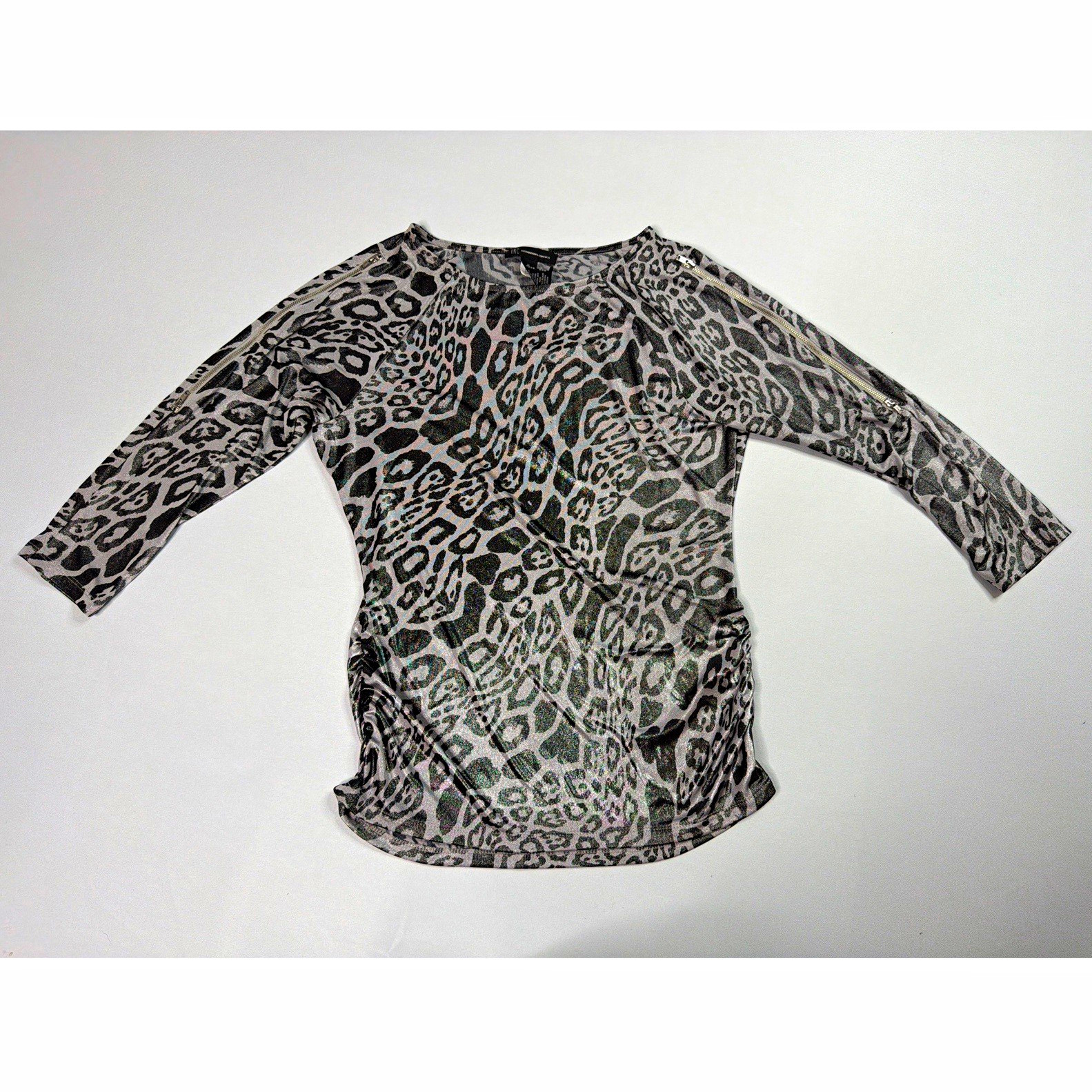 INC International Concepts Leopard Print Ruched Knit Long Sleeve Blouse M INC International Concepts Leopard Print Ruched Knit Long Sleeve Blouse M