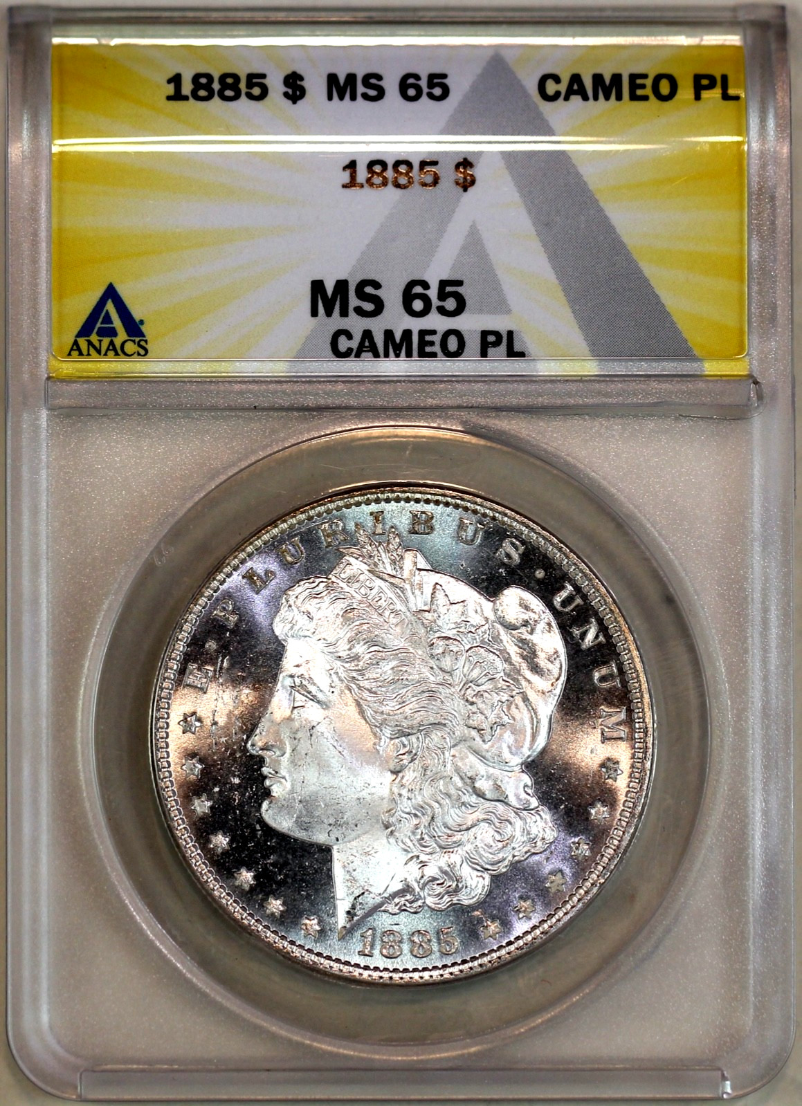 * 1885-P * ANACS MS65 CAMEO PL MORGAN SILVER DOLLAR * WHITE FROSTY DEVICES * * 1885-P * ANACS MS65 CAMEO PL MORGAN SILVER DOLLAR * WHITE FROSTY DEVICES *