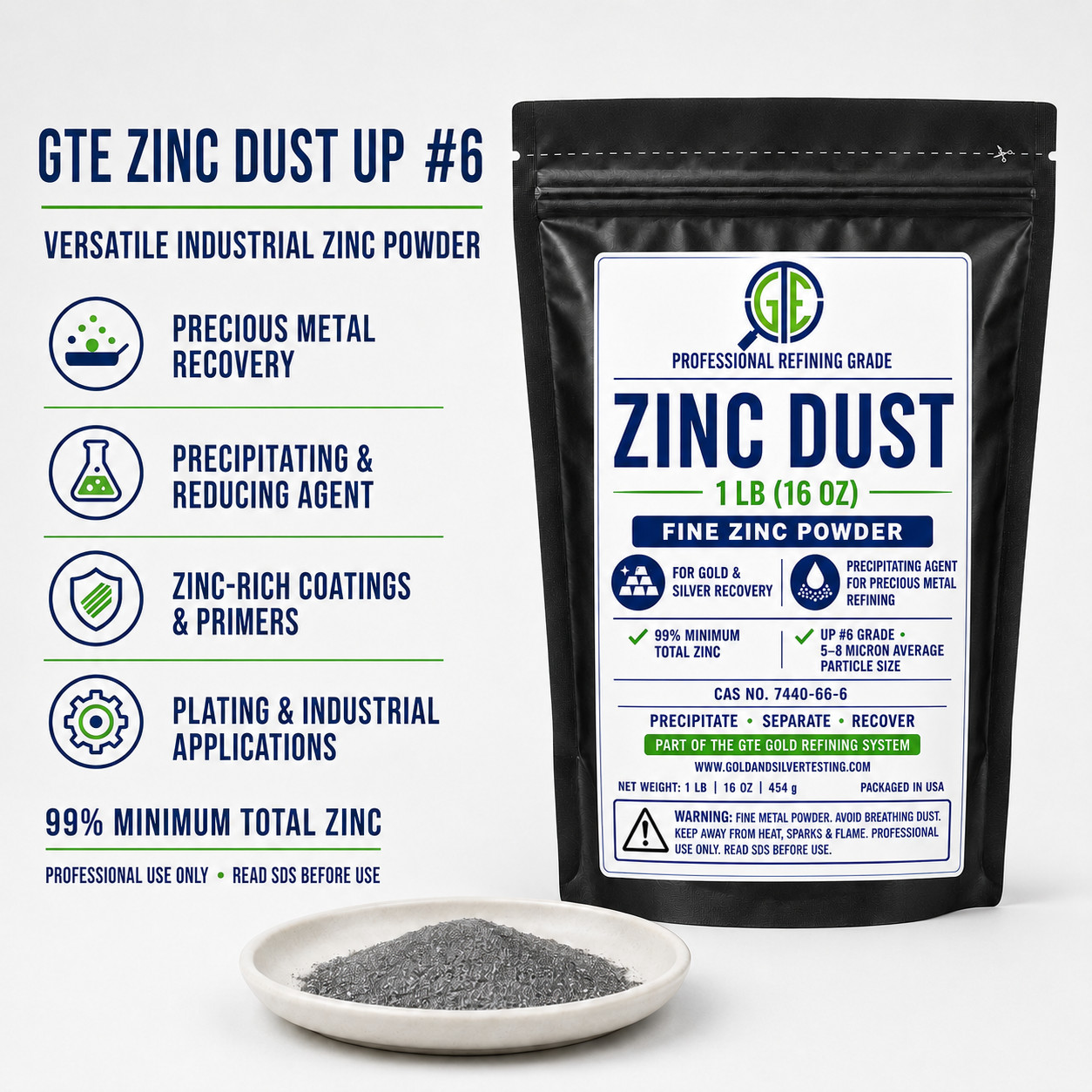 1LB Zinc Powder Gold Silver Recovery Refining Metal Precipitant Dust Casting ZN