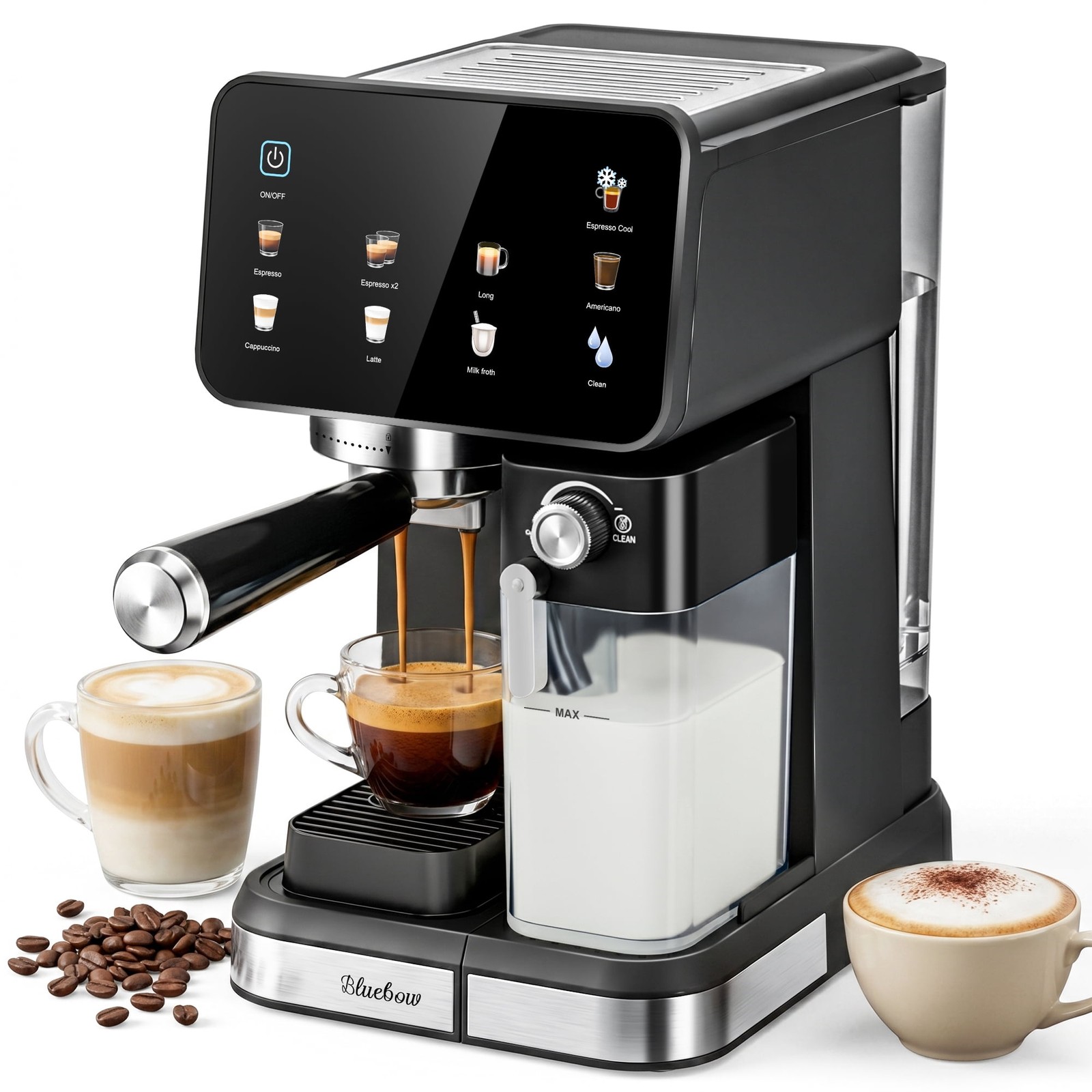 Bluebow Espresso Machine, 20 Bar High-Pressure, Dual Boiler, Automatic Milk