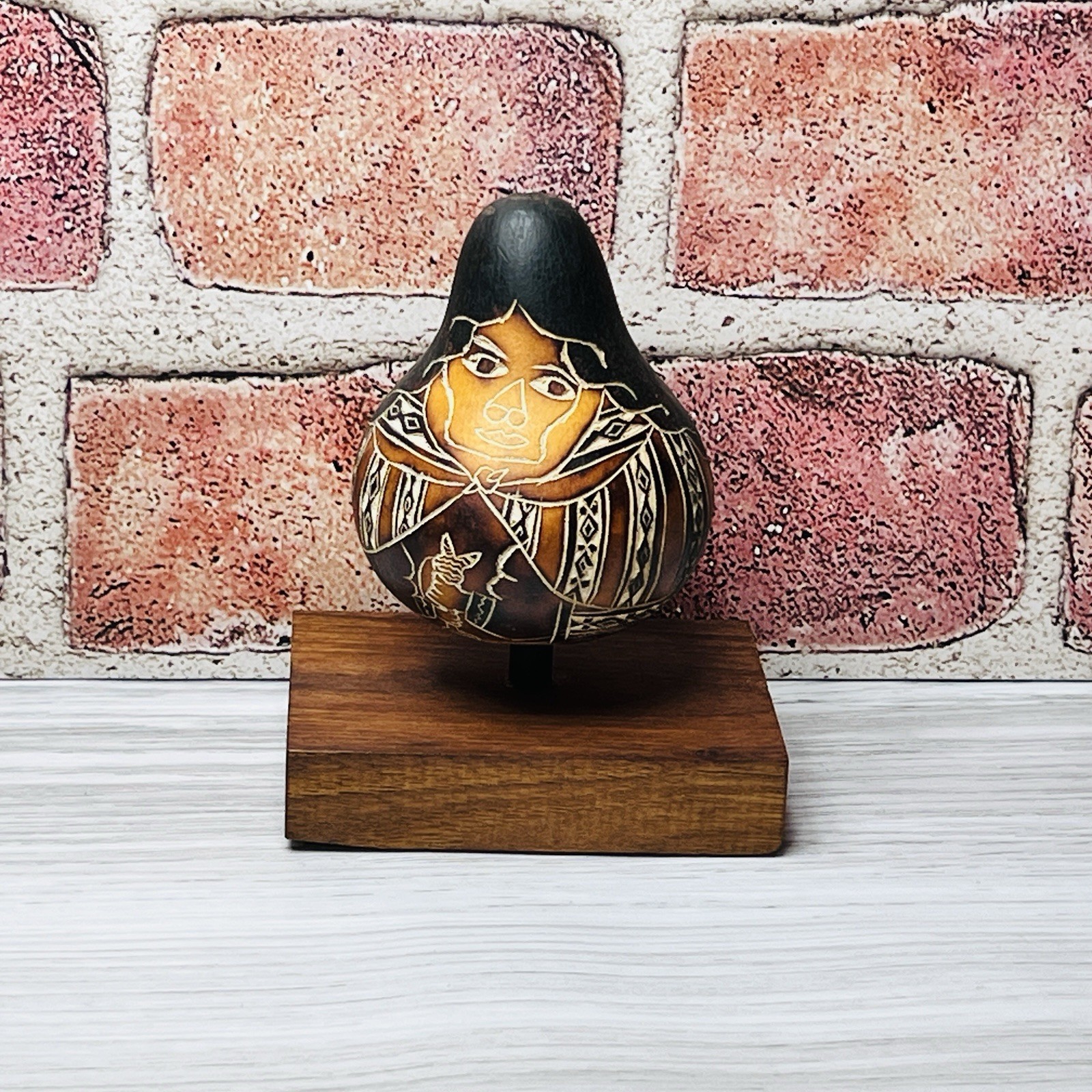 Vintage Peruvian Gourd Hand Painted Carved Women Horn Folk Art Story Wood Base Vintage Peruvian Gourd Hand Painted Carved Women Horn Folk Art Story Wood Base
