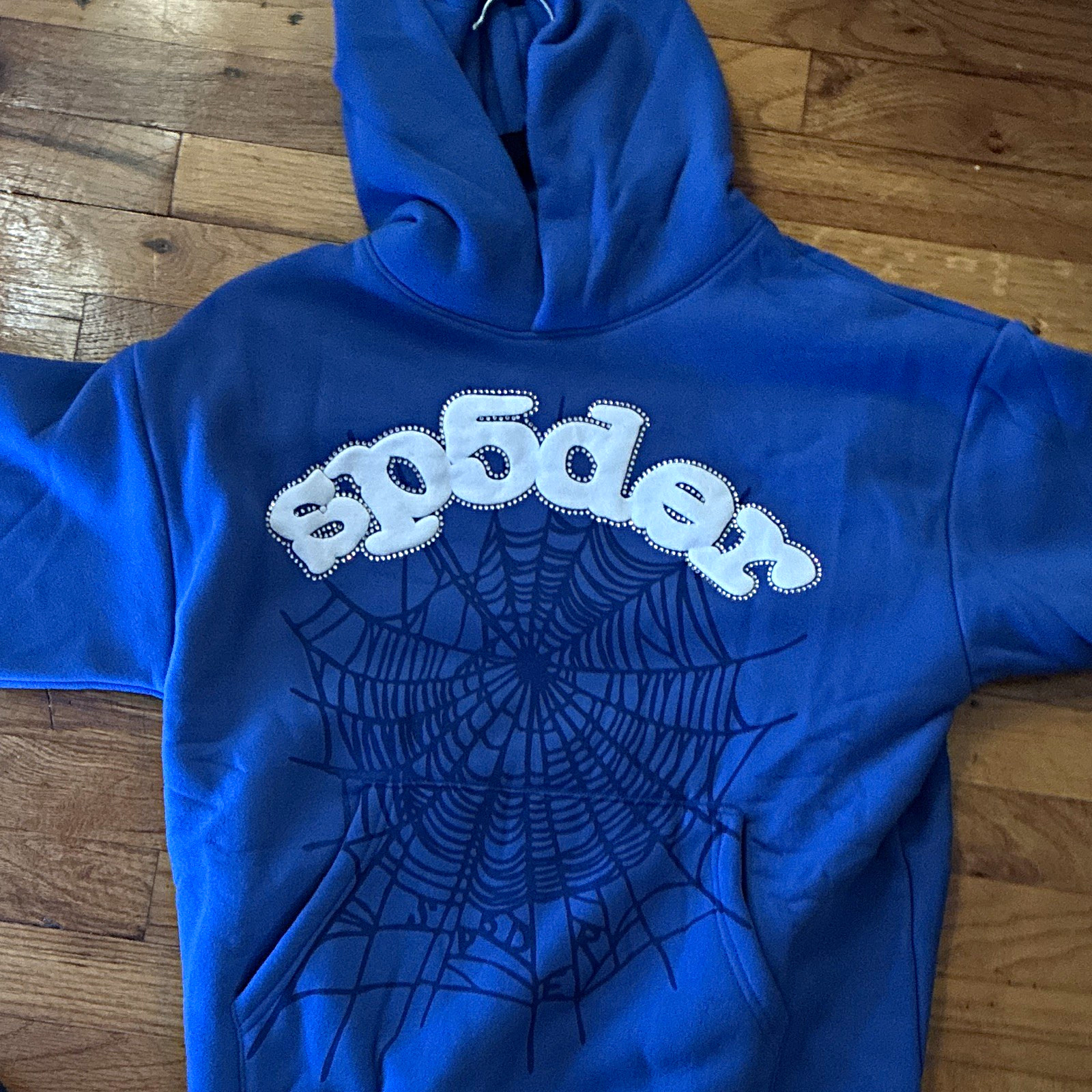 sp5der Blue Pullover Hoodie Spider Web Graphic Fleece Cotton Pockets M sp5der Blue Pullover Hoodie Spider Web Graphic Fleece Cotton Pockets M