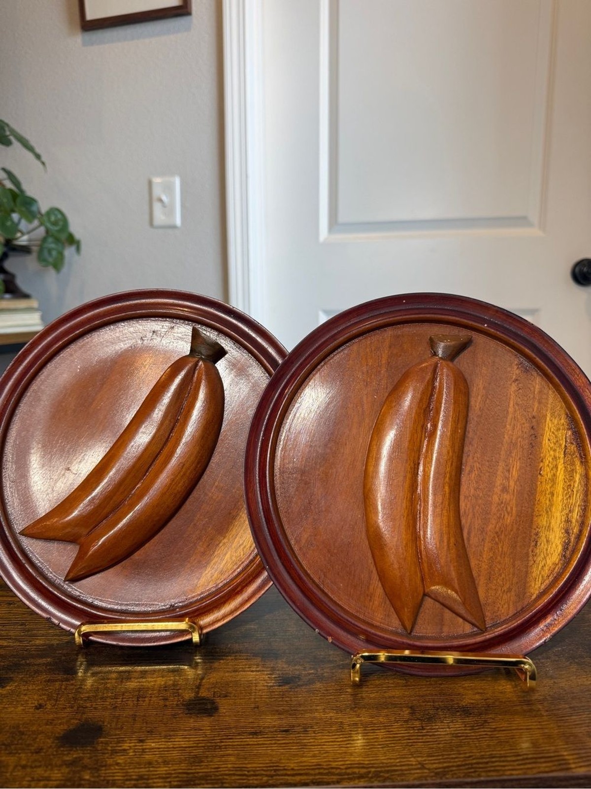 Vintage Hand Carved Wood Banana Wall Plaques Set of 2 MCM Tropical Kitchen 10”