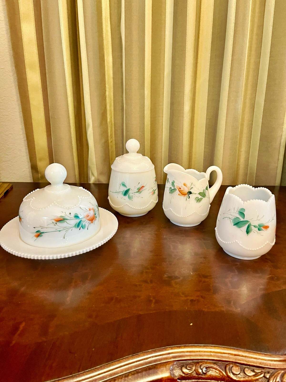 Antique Heisey #1295 Beaded Swag Opal 4 Pc Table Set Hand Painted c1900