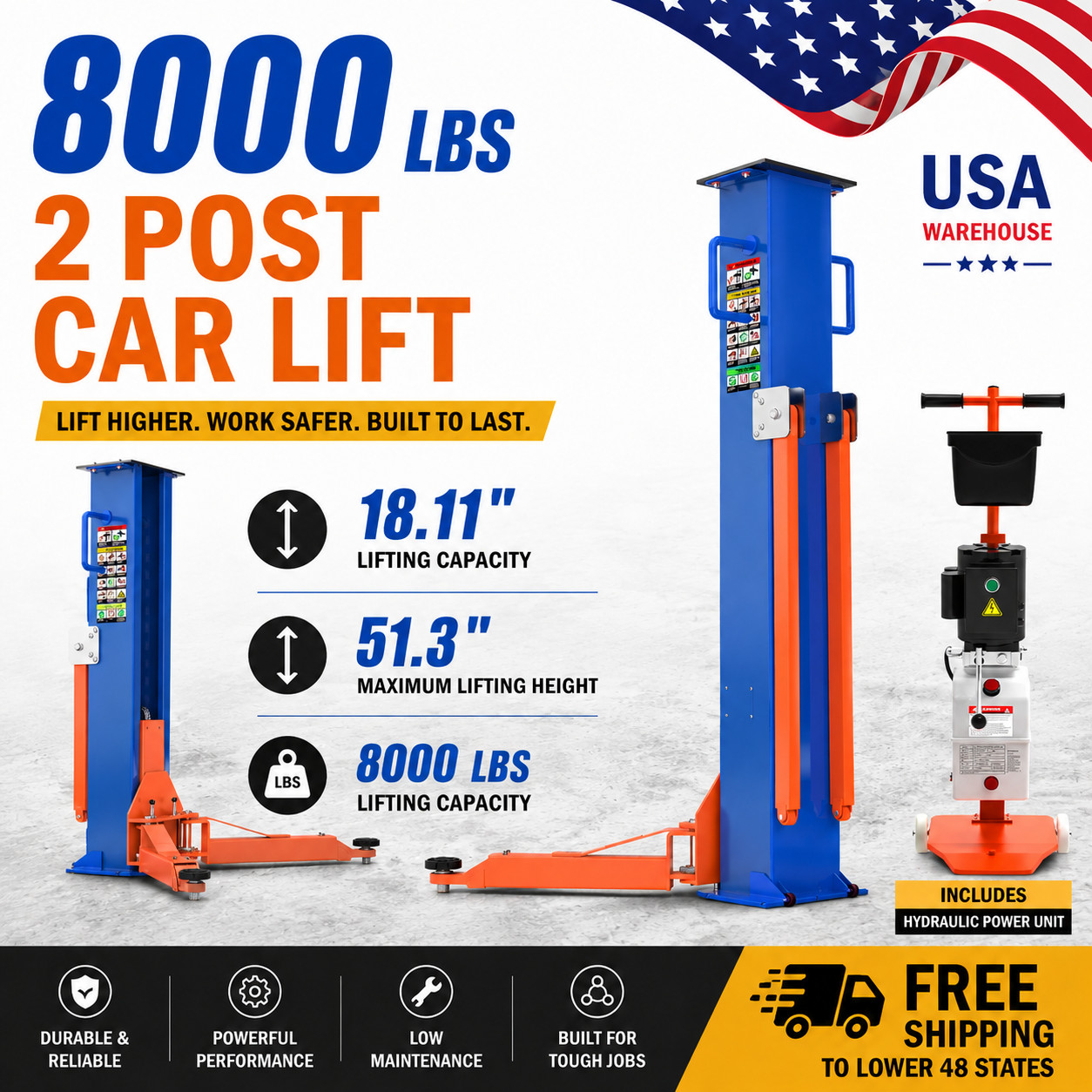 8000LBS Two Post Car Lift Portable Auto Truck Hoist 51.3