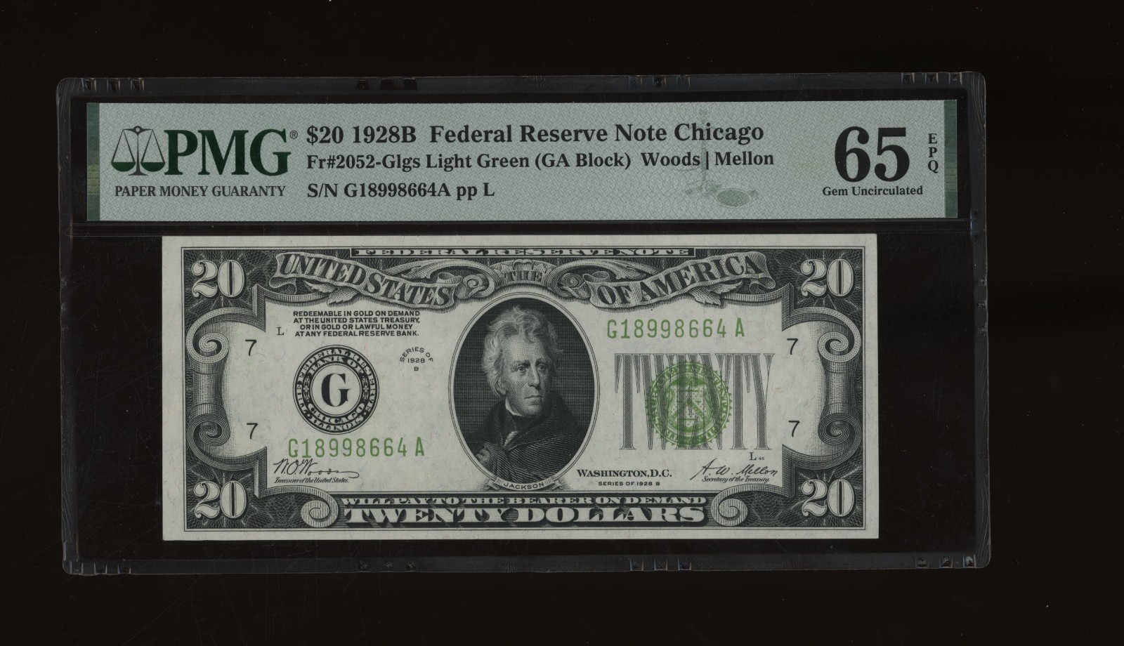 DBR 1928-B $20 FRN LGS Gem Chicago Fr. 2052-Glgs PMG 65 EPQ Serial G18998664A