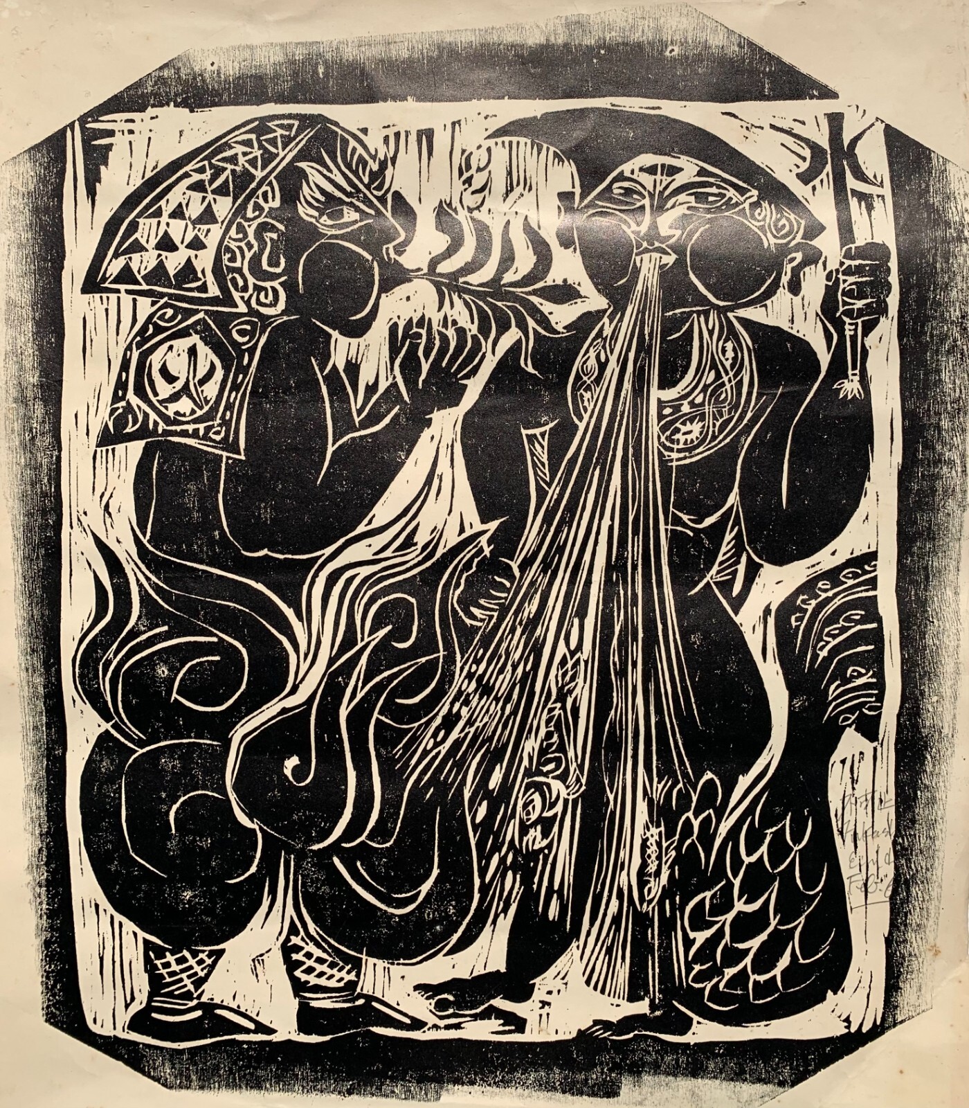 Mid 20th Century Fantastic Ethnic Surrealist Art School Signed Woodblock Print Mid 20th Century Fantastic Ethnic Surrealist Art School Signed Woodblock Print
