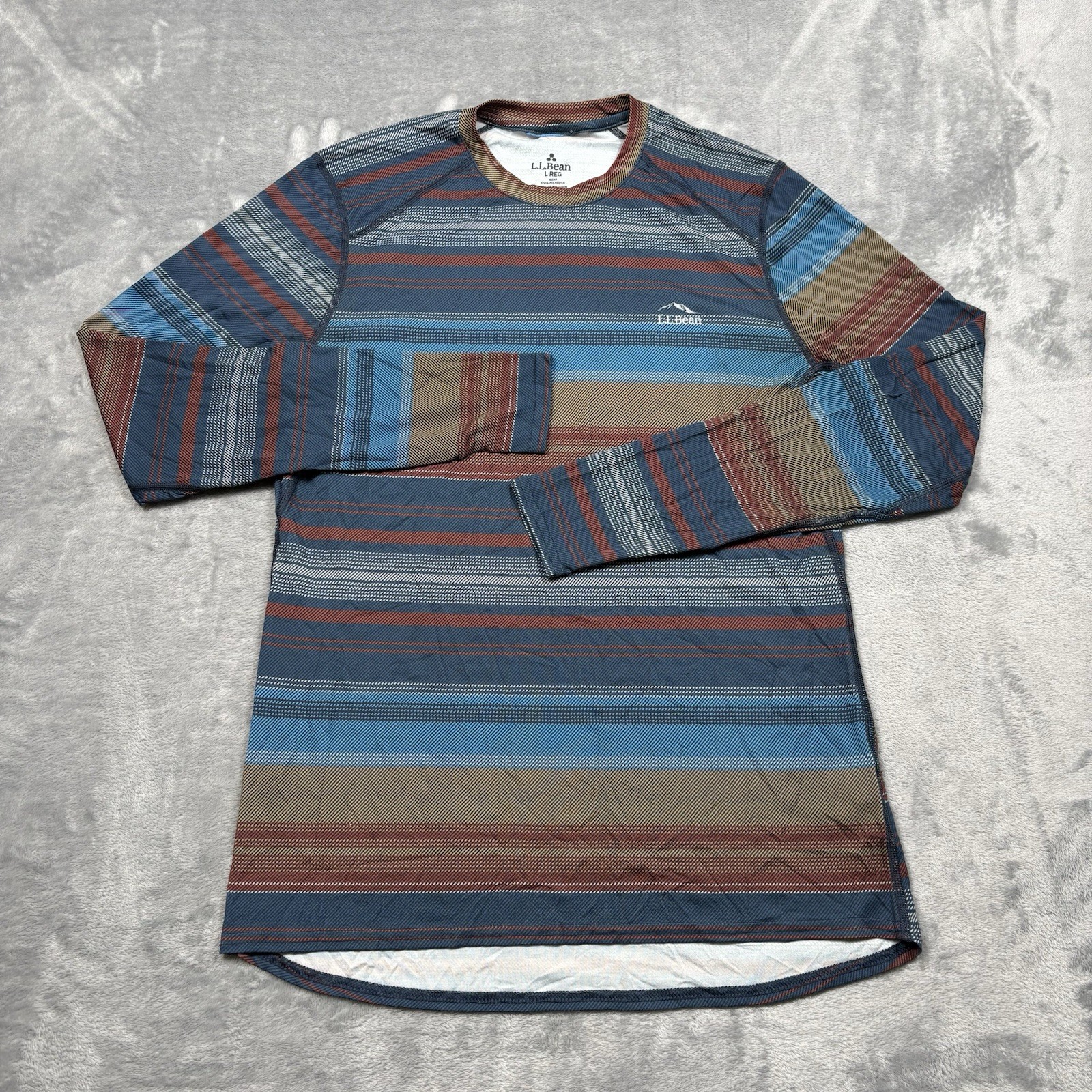 L.L.Bean Men’s Large Base Layer Shirt Blue Brown Geometric Long Sleeve Stretch