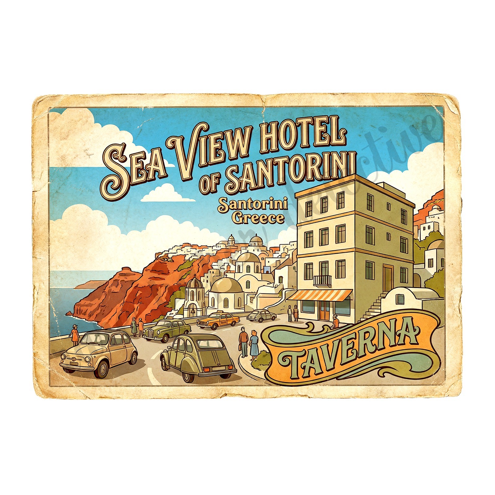 Luggage Hotel Sticker Label, Santorini Greece, Exclusive Retro Design 5