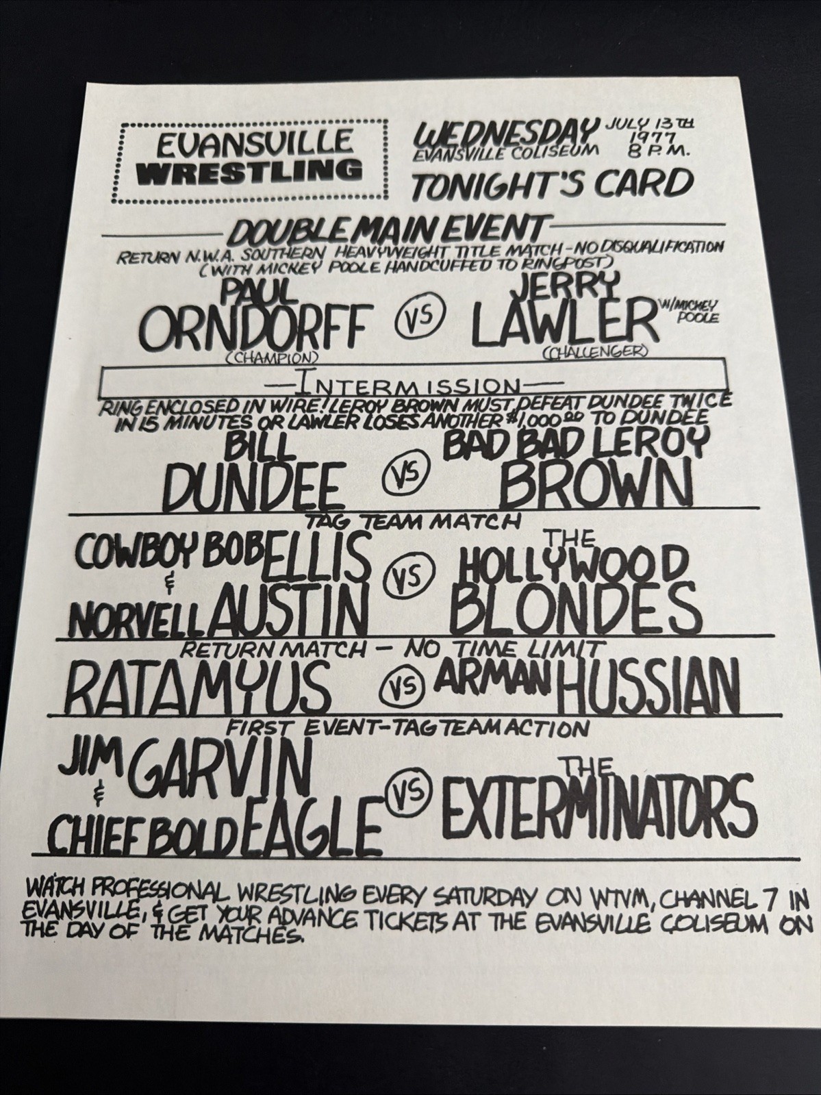 1977 Evansville Wrestling Fight Card Jerry Lawler vs Paul Orndorff NWA Poster
