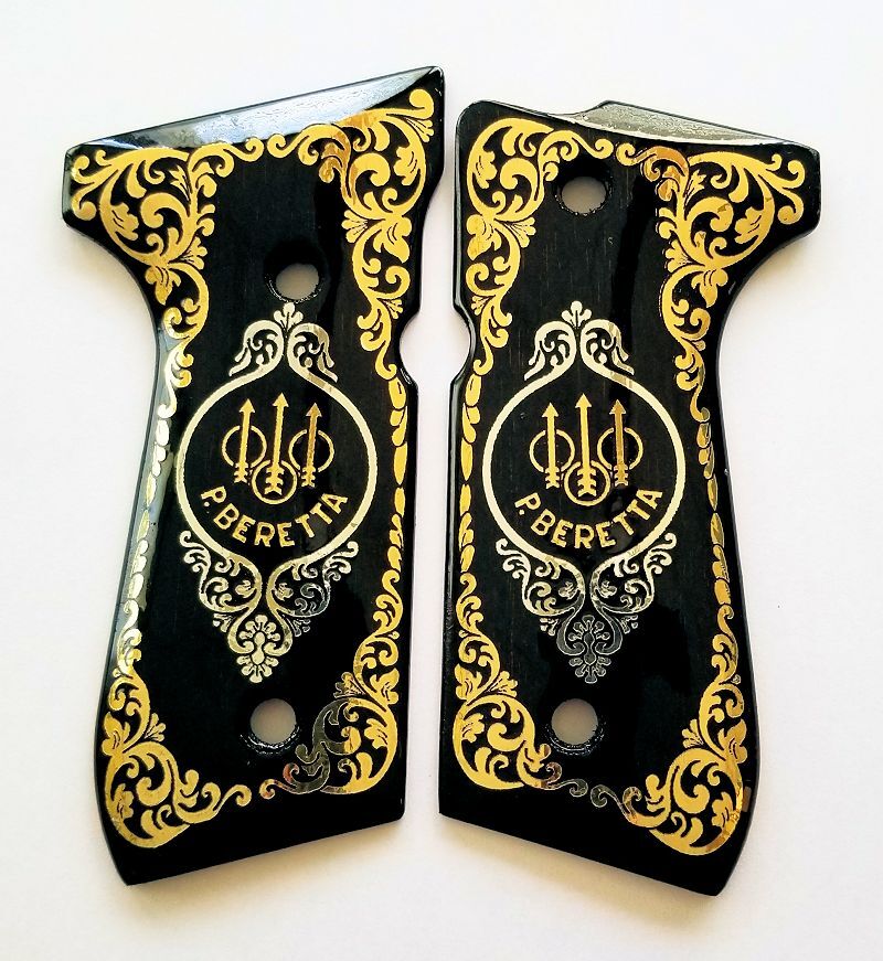 Beretta 92 92FS 96 custom engraved wood grips gold silver Trident Scroll Black