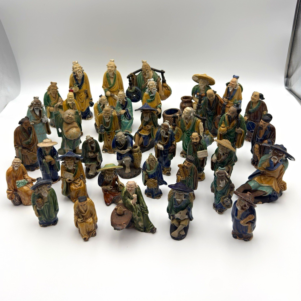 Chinese Glazed Ceramic Mudmen/Shiwa Figurines Lot of 37 Hand Painted Statues Chinese Glazed Ceramic Mudmen/Shiwa Figurines Lot of 37 Hand Painted Statues