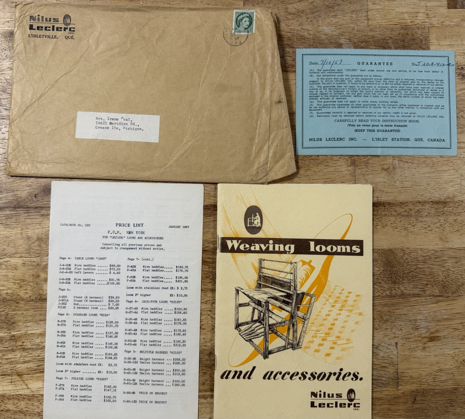 Vintage 1957 Nilus Leclerc Weaving Looms Catalog Price List Guarantee Card Lot