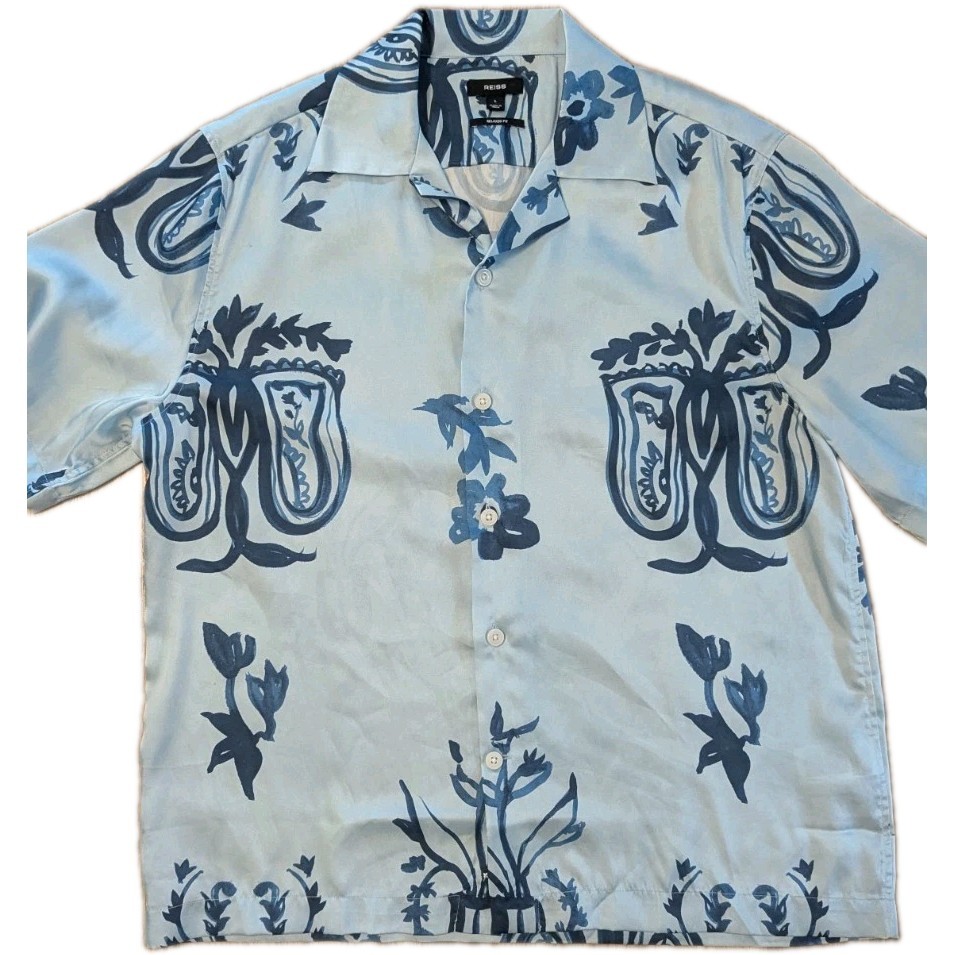 Reiss Button Up Shirt Mens Large Blue Floral Collar Short Sleeve Button Up Reiss Button Up Shirt Mens Large Blue Floral Collar Short Sleeve Button Up