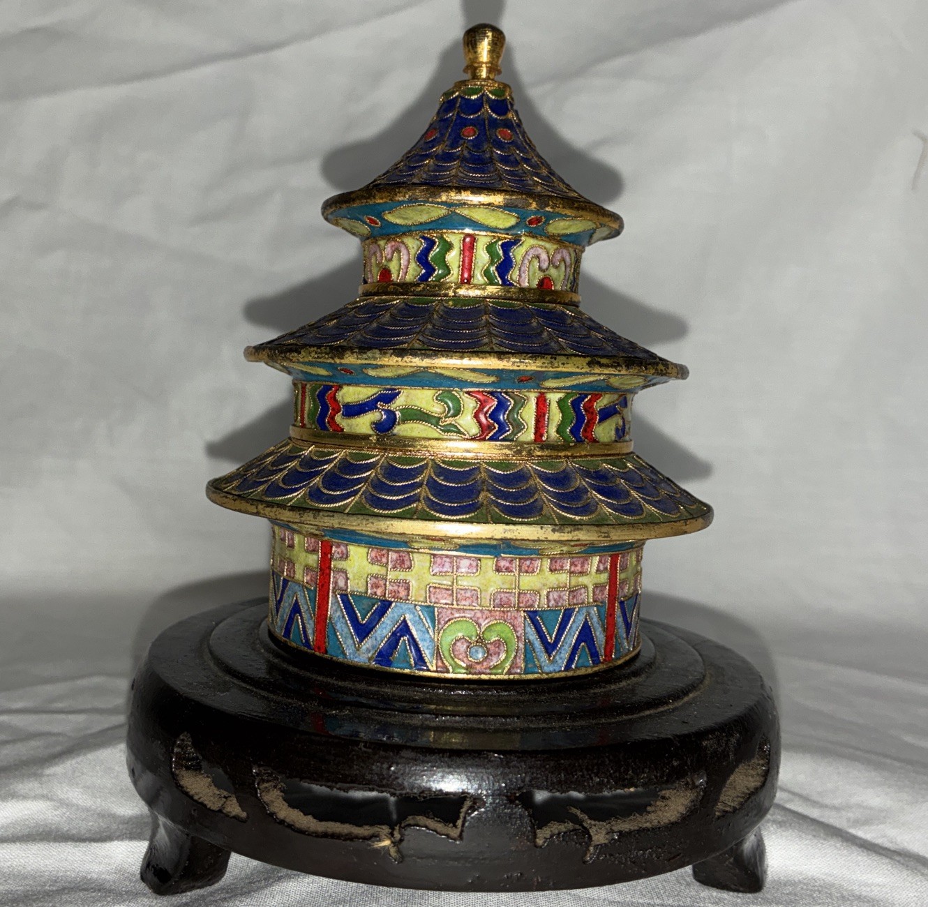 Chinese Cloisonné Enamel Temple of Heaven Pagoda-Form Covered Box, 20th Century Chinese Cloisonné Enamel Temple of Heaven Pagoda-Form Covered Box, 20th Century