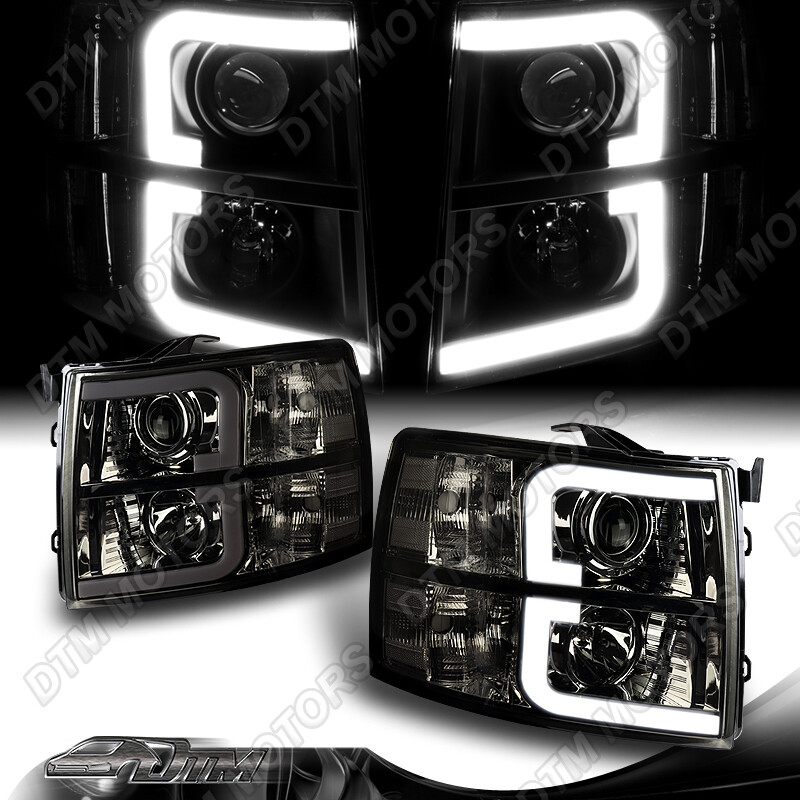For 07-13 Chevy Silverado 1500 2500 3500 LED Bar Tube Projector Smoke Headlights