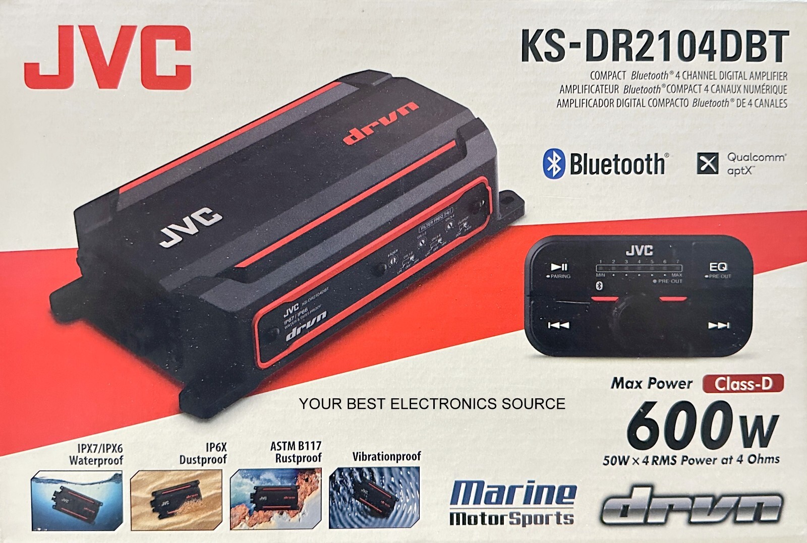 NEW JVC KS-DR2104DBT Compact 4-Channel Marine Amplifier w/ Bluetooth, 50W RMSx4 NEW JVC KS-DR2104DBT Compact 4-Channel Marine Amplifier w/ Bluetooth, 50W RMSx4